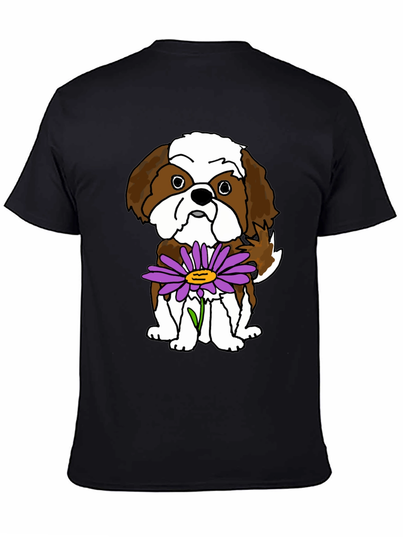 Black Cute Shih Tzu Dog with Flower Graphic T-Shirt view 4