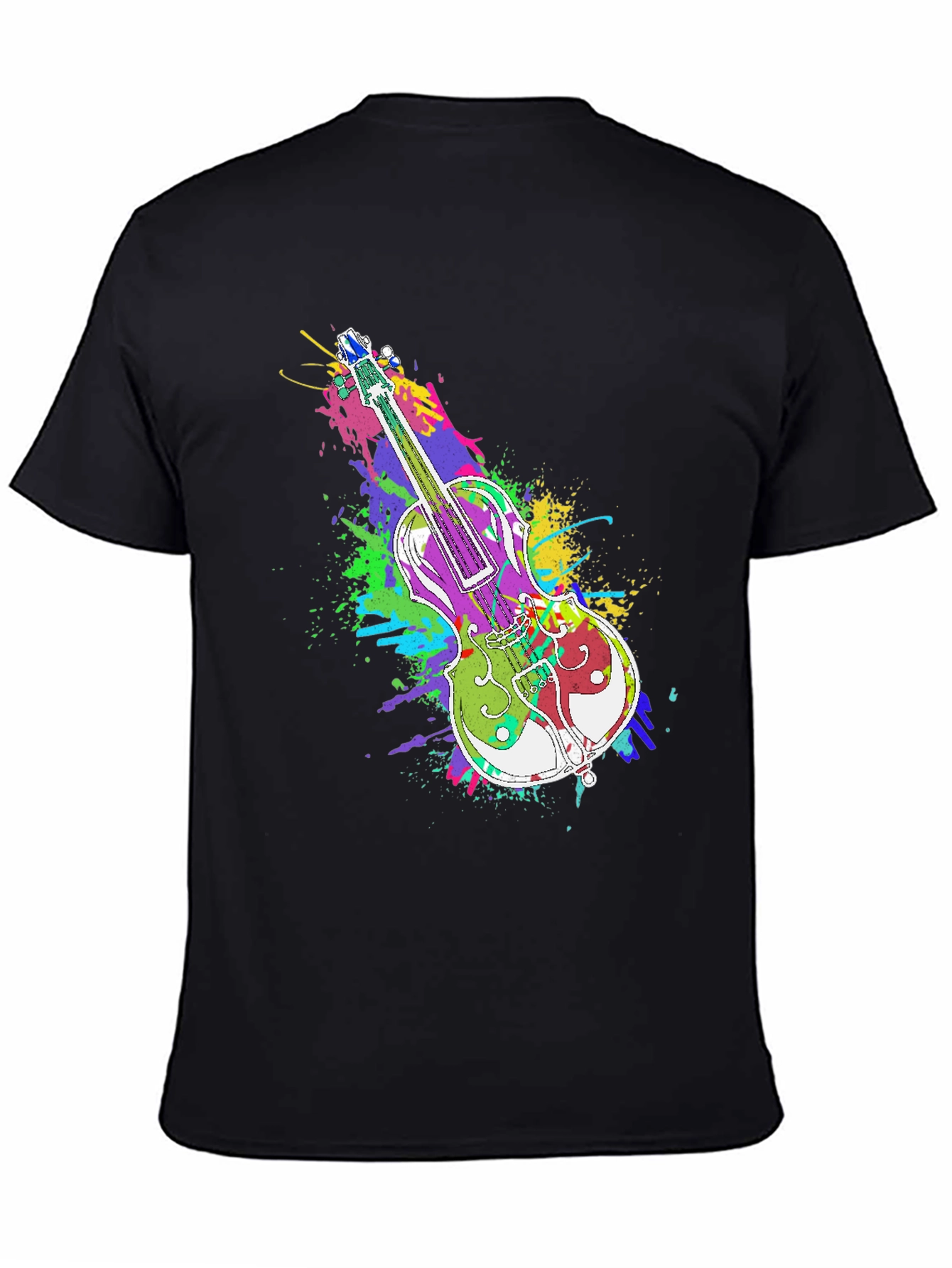 Black Colorful Violin Splatter Print T-Shirt - Unique Music Design view 4