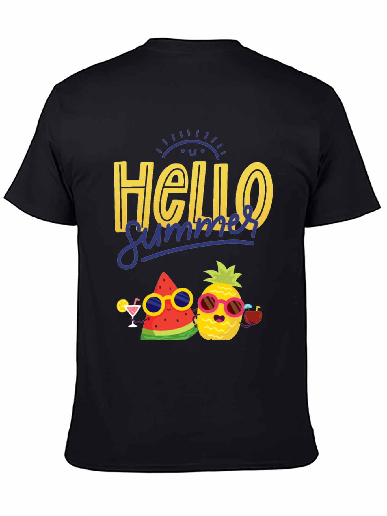 Black Hello Summer Graphic T-Shirt: Pineapple & Watermelon view 4