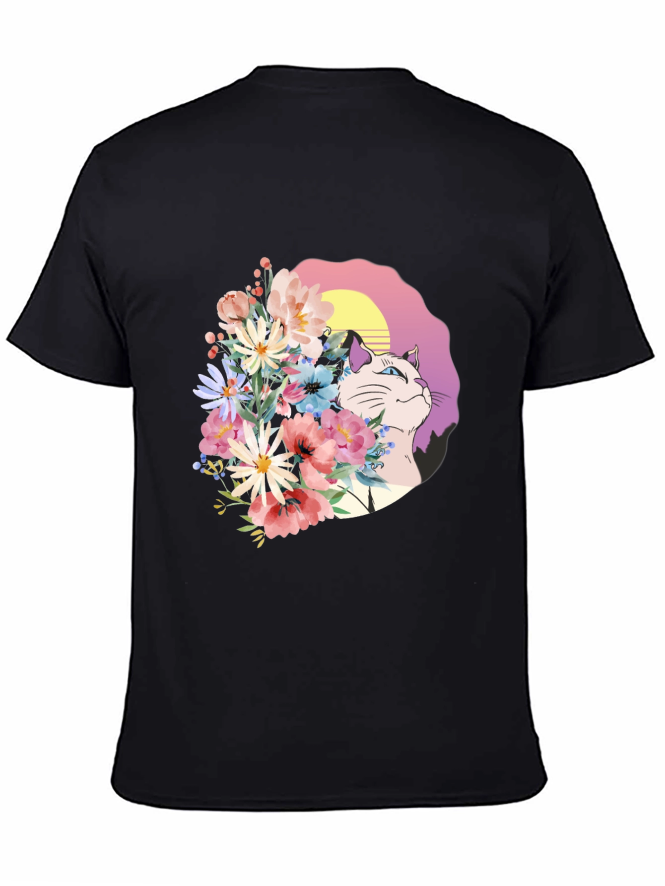 Black Floral Cat Graphic Black T-Shirt view 4