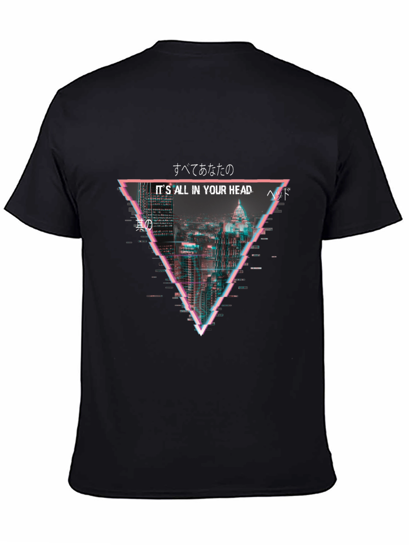 Black Cyberpunk Cityscape T-Shirt - "It's All In Your Head" view 4