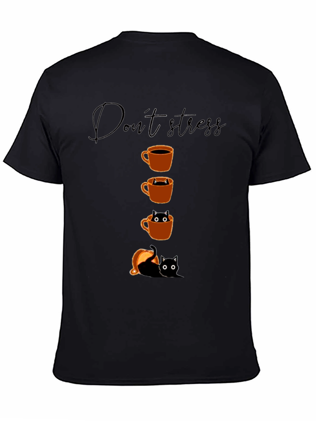Black Don't Stress Coffee Cat T-Shirt view 4