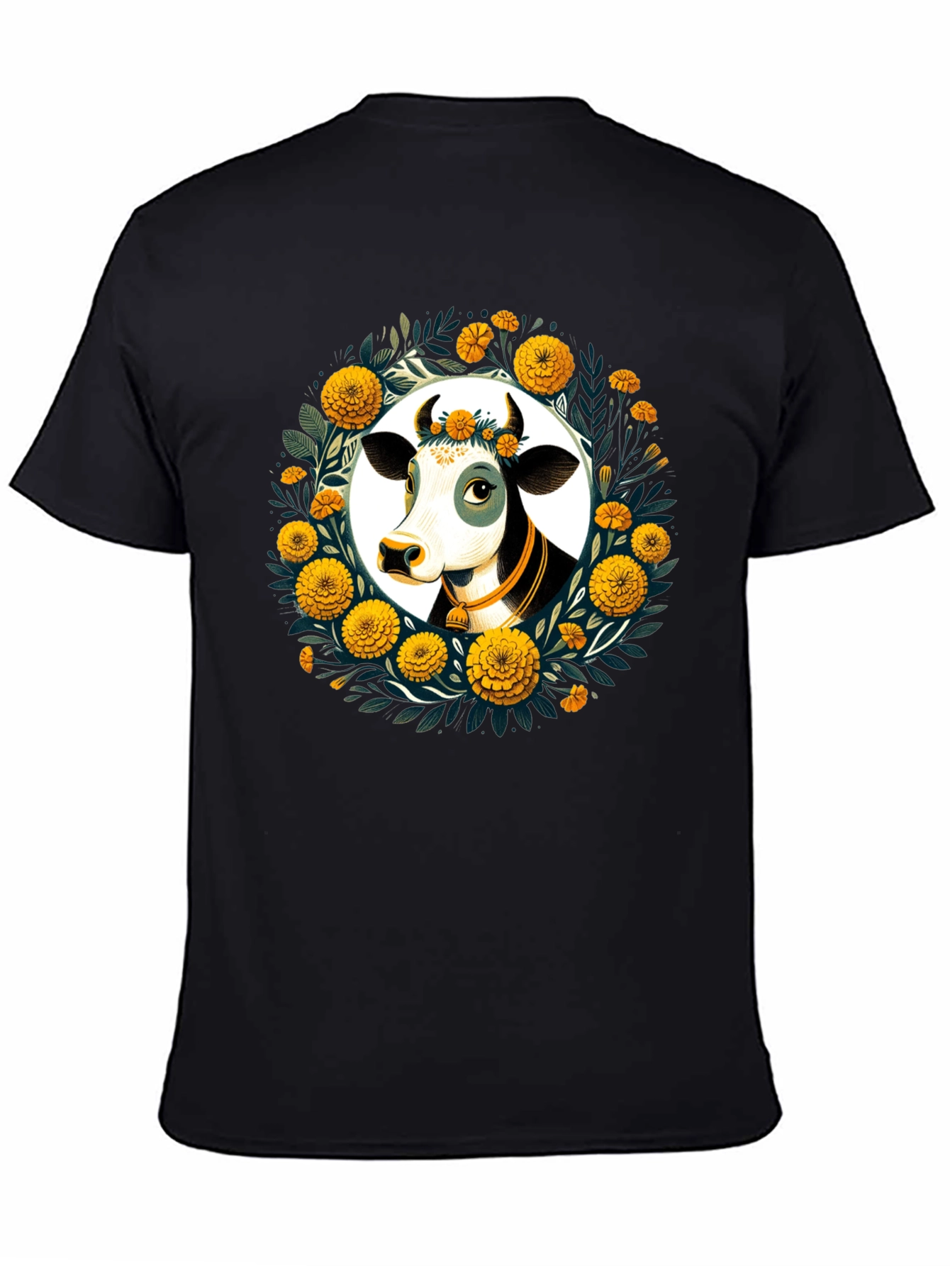 Black Floral Cow Graphic Tee - Black Unisex T-Shirt view 4