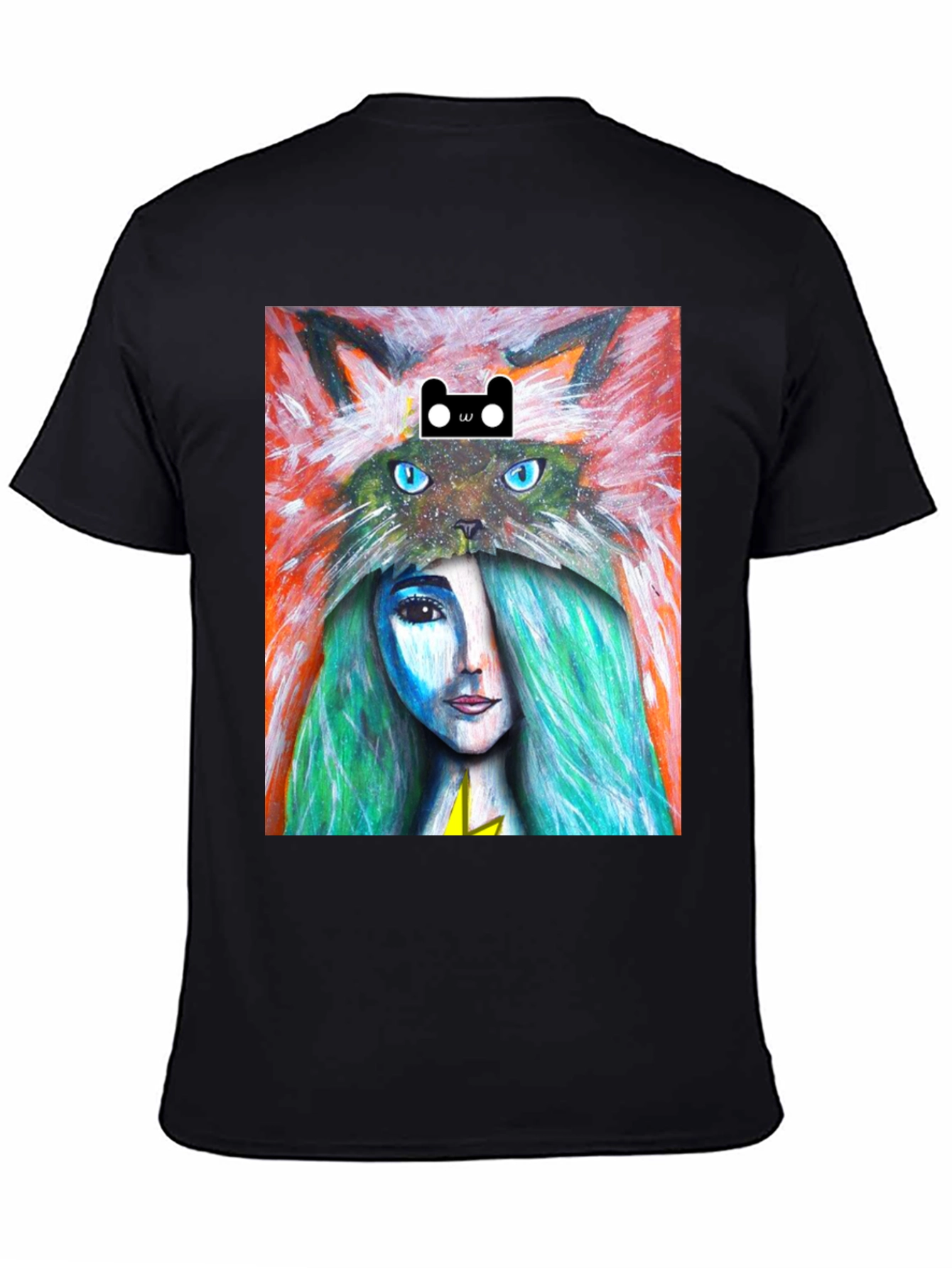 Black Artistic T-Shirt with Cat and Woman Design view 4
