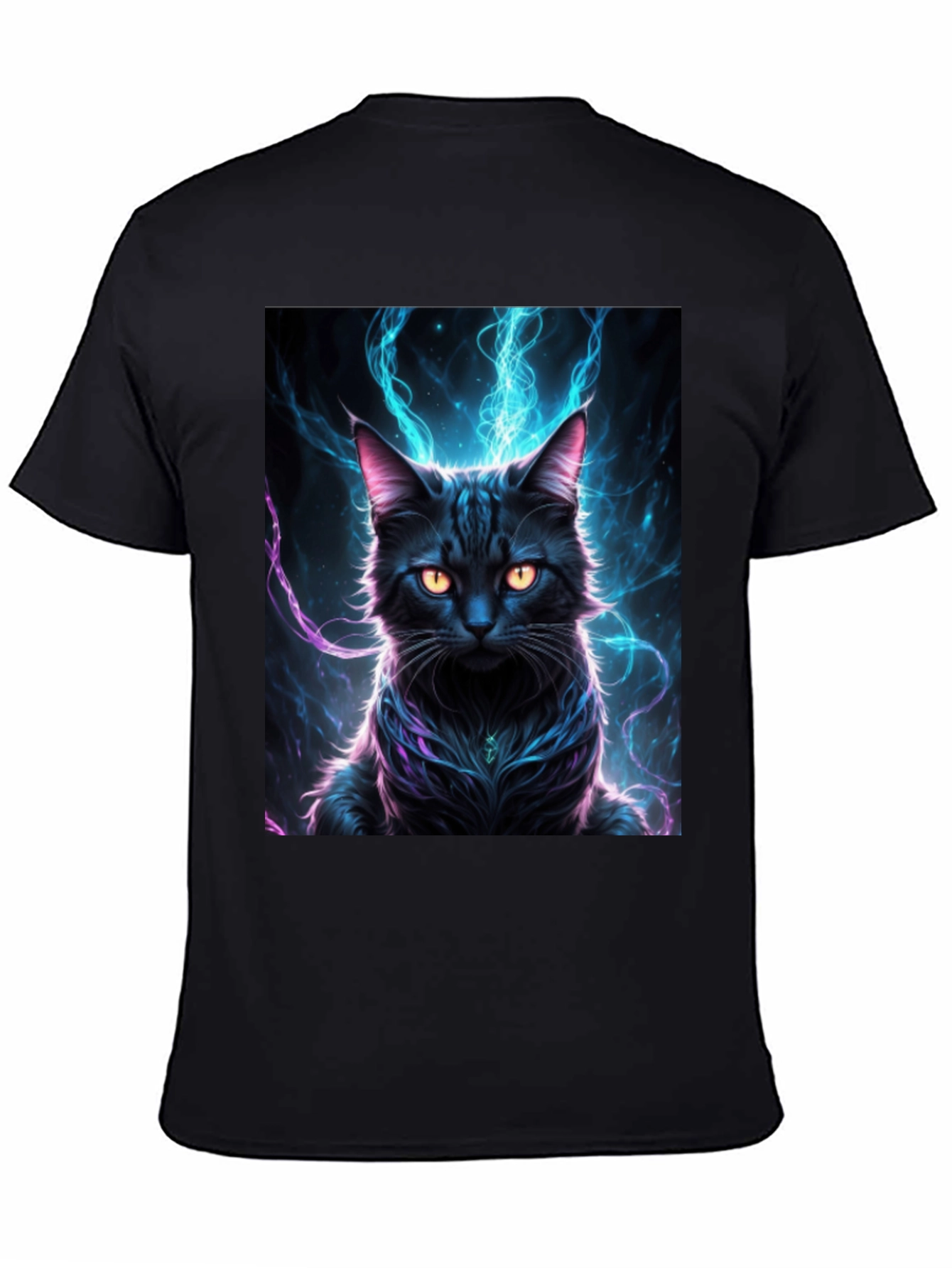 Mystic Feline T-Shirt: Black Cat with Electric Aura Design - 4