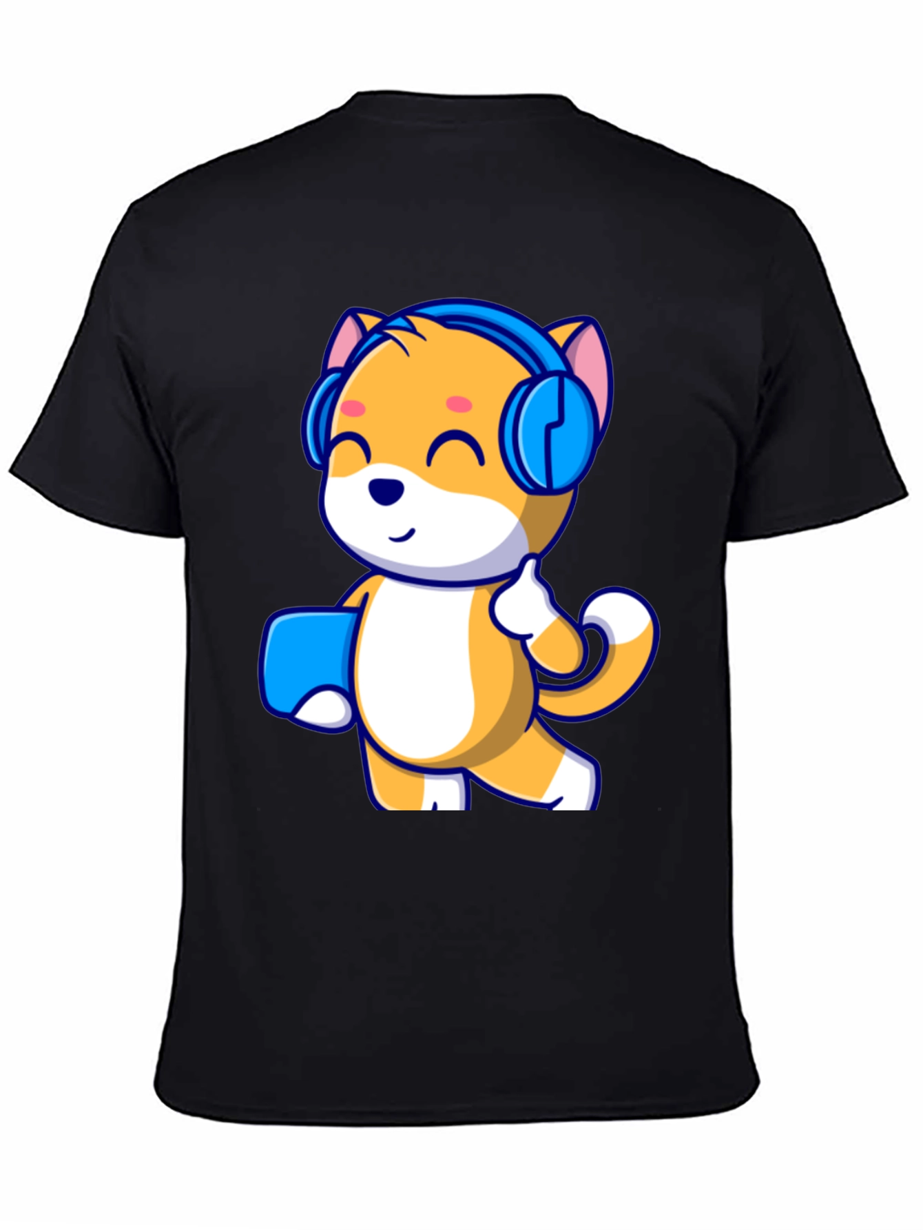 Black Cute Cartoon Cat with Headphones Black T-Shirt view 4