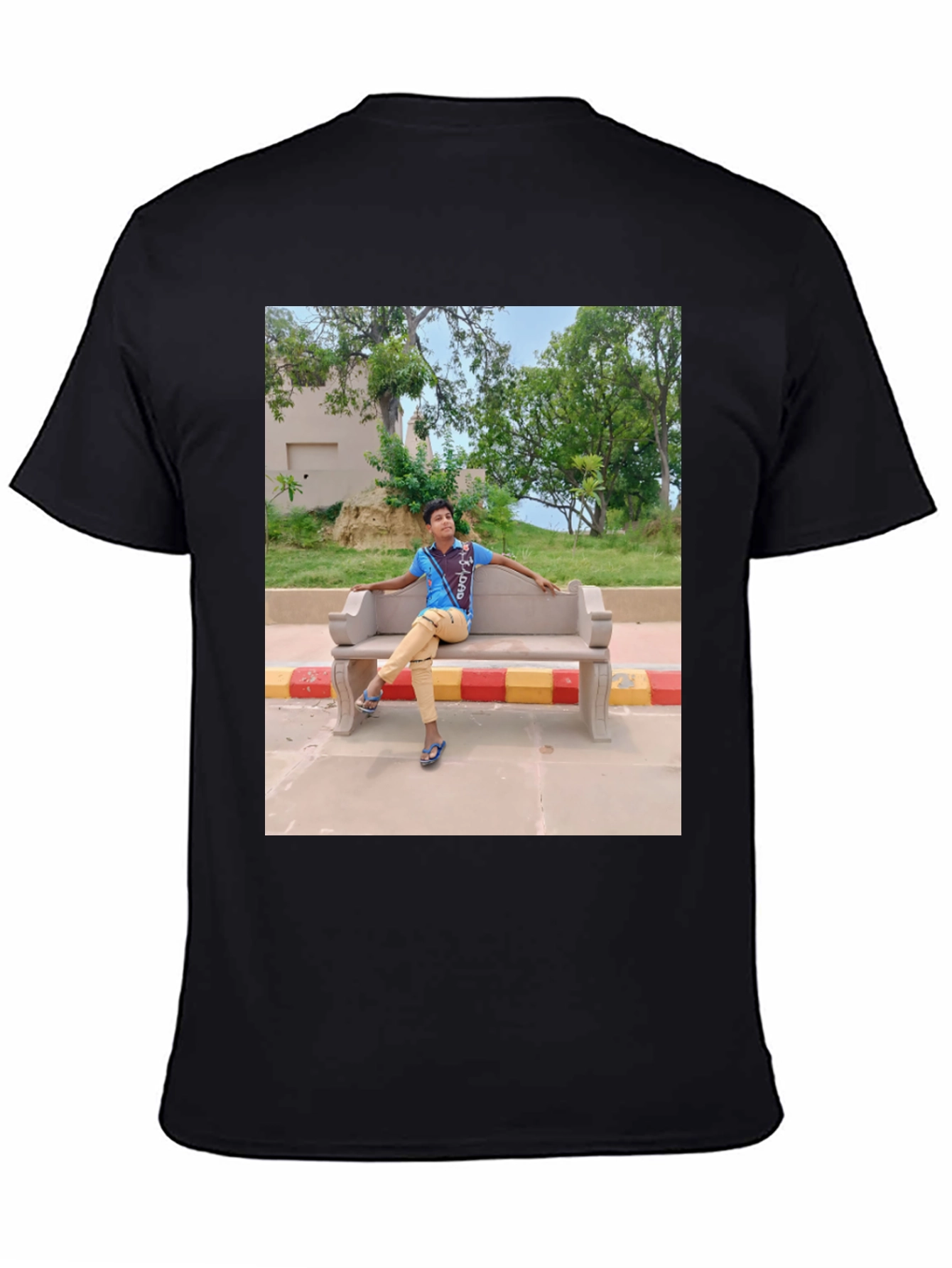 Black Black T-Shirt with Picture of Boy on Bench view 4