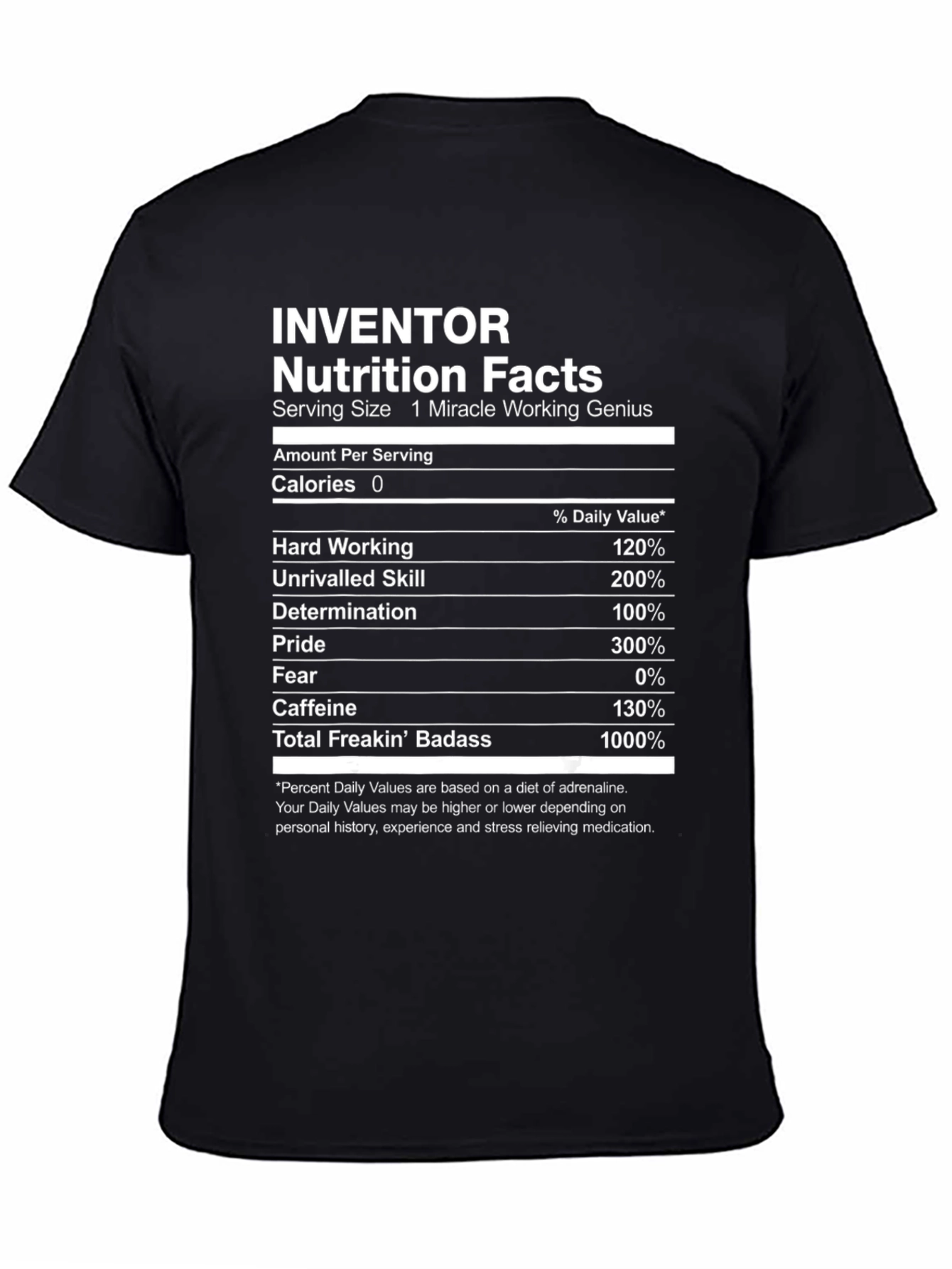Black Inventor Nutrition Facts T-Shirt - Funny Graphic Tee view 4