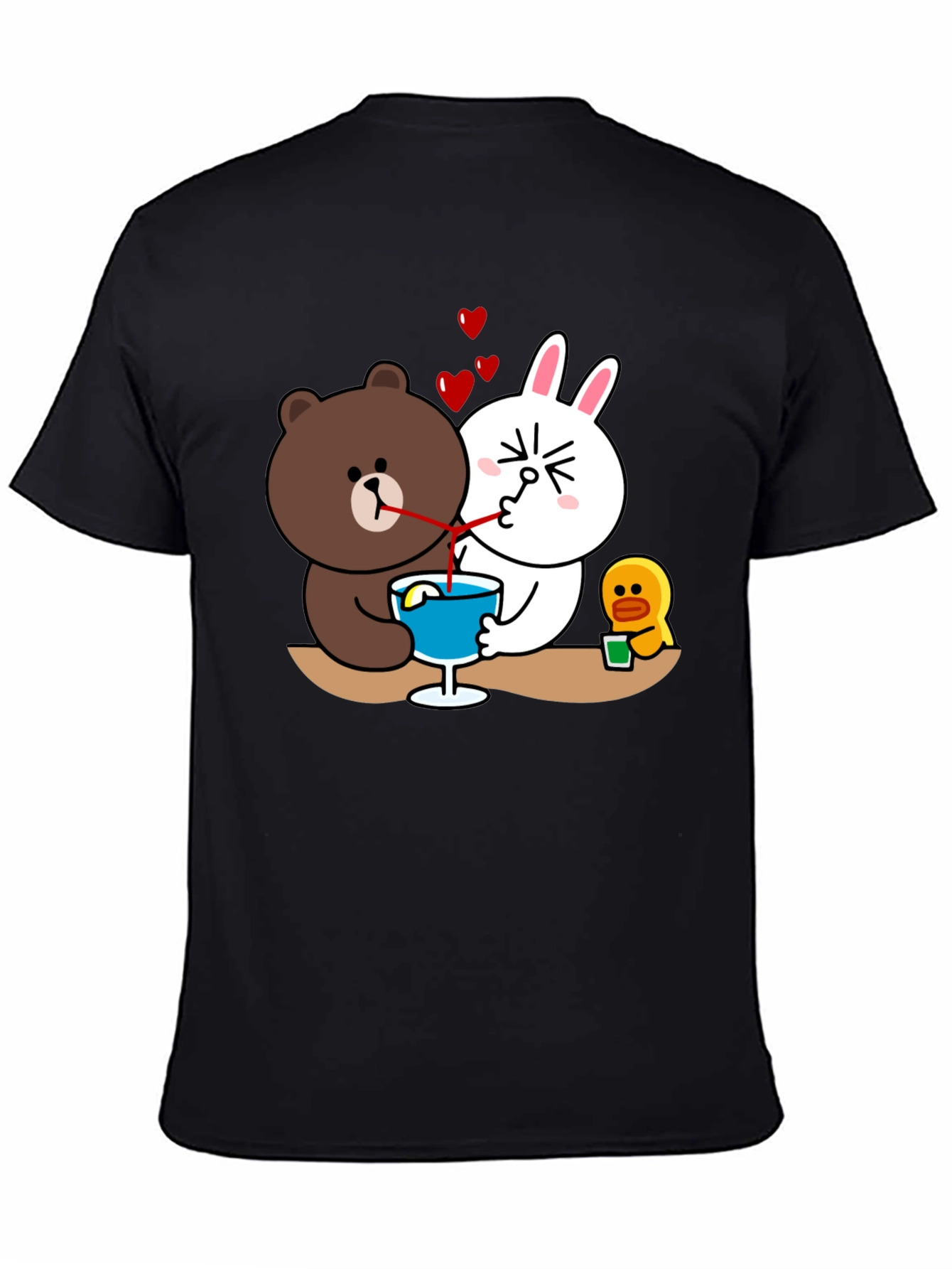 Black Cartoon Graphic Tee: Bear & Bunny Sharing Drink view 4