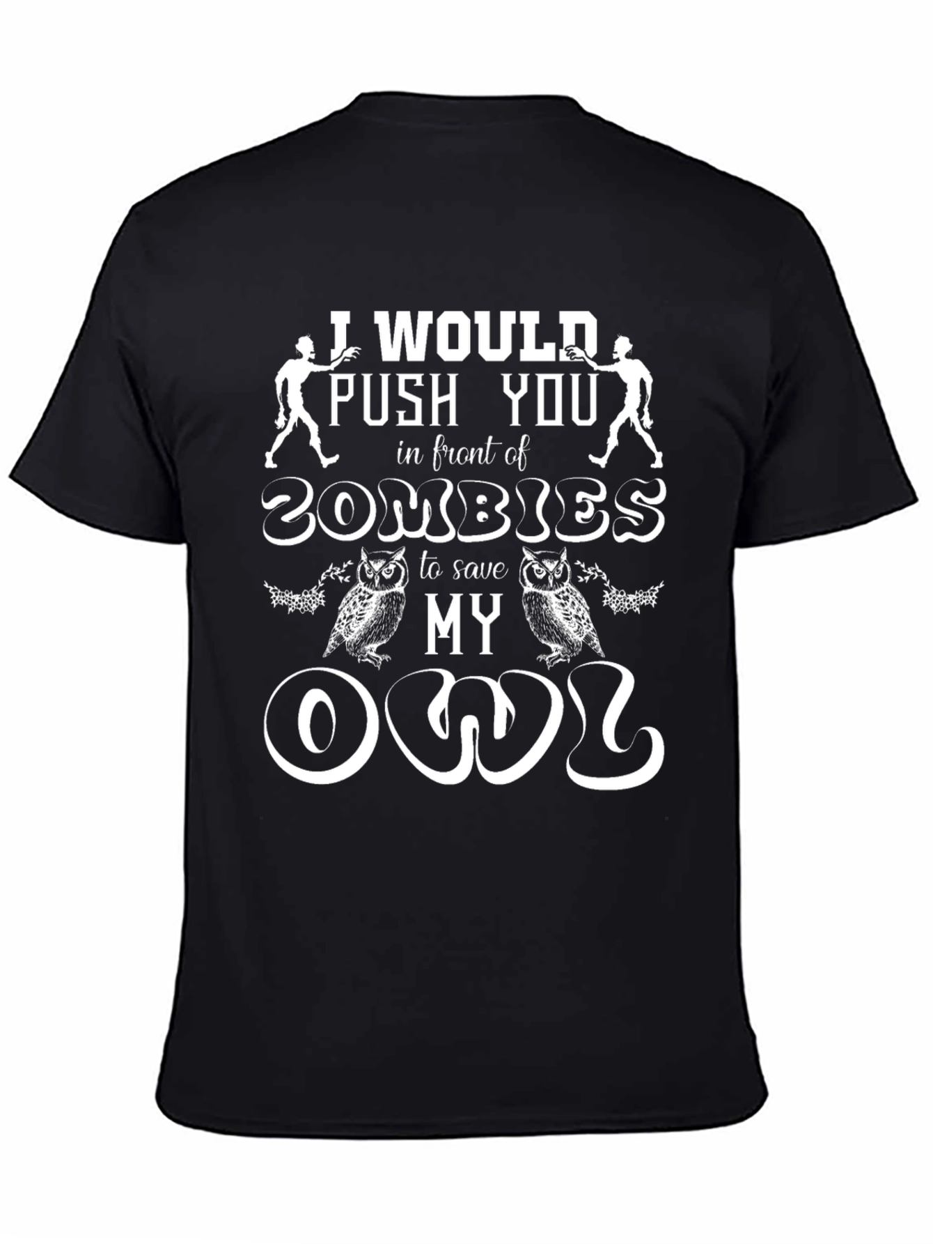 Black Zombie Owl Humor T-Shirt view 4