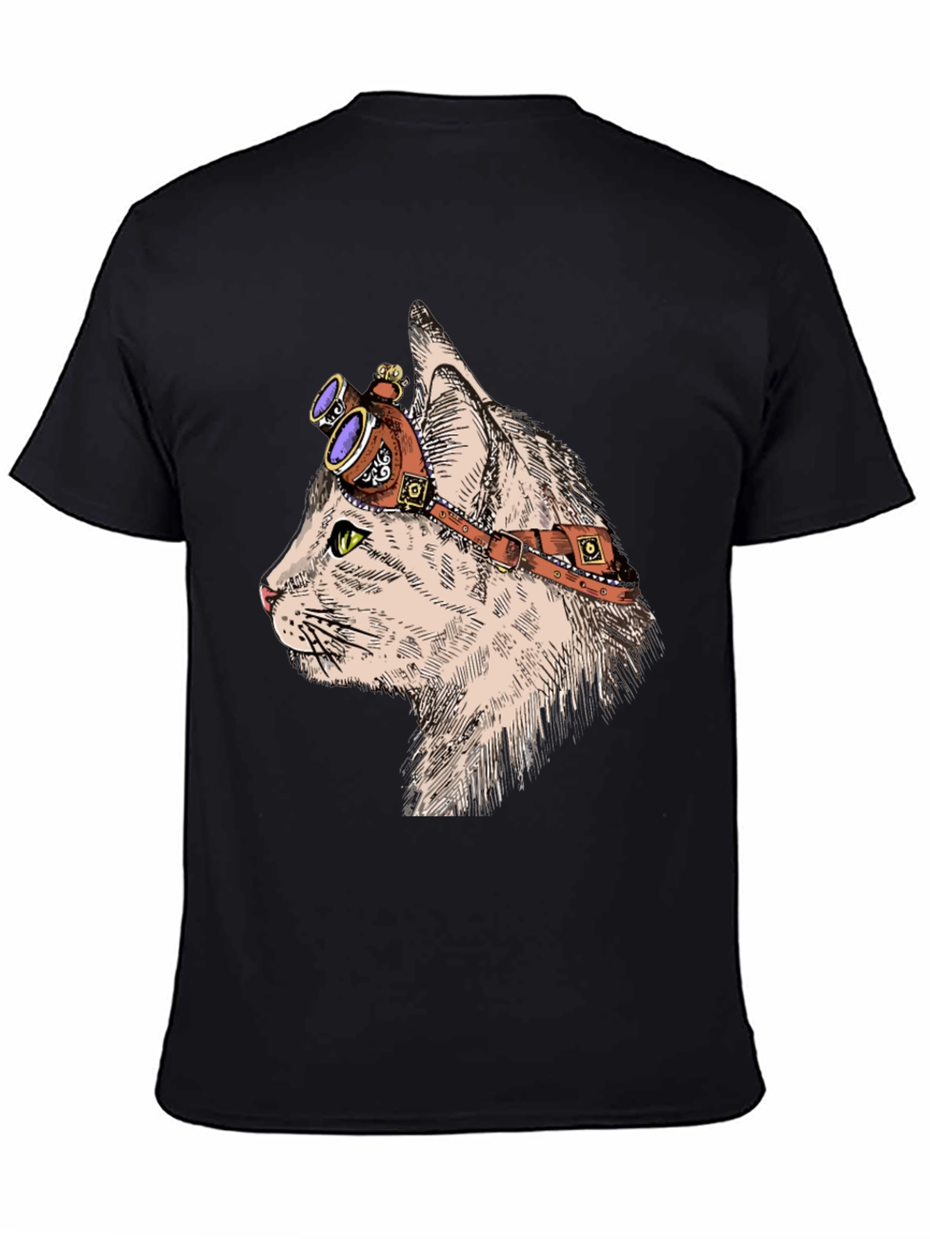 Black Steampunk Cat T-Shirt: Cool Feline with Goggles view 4