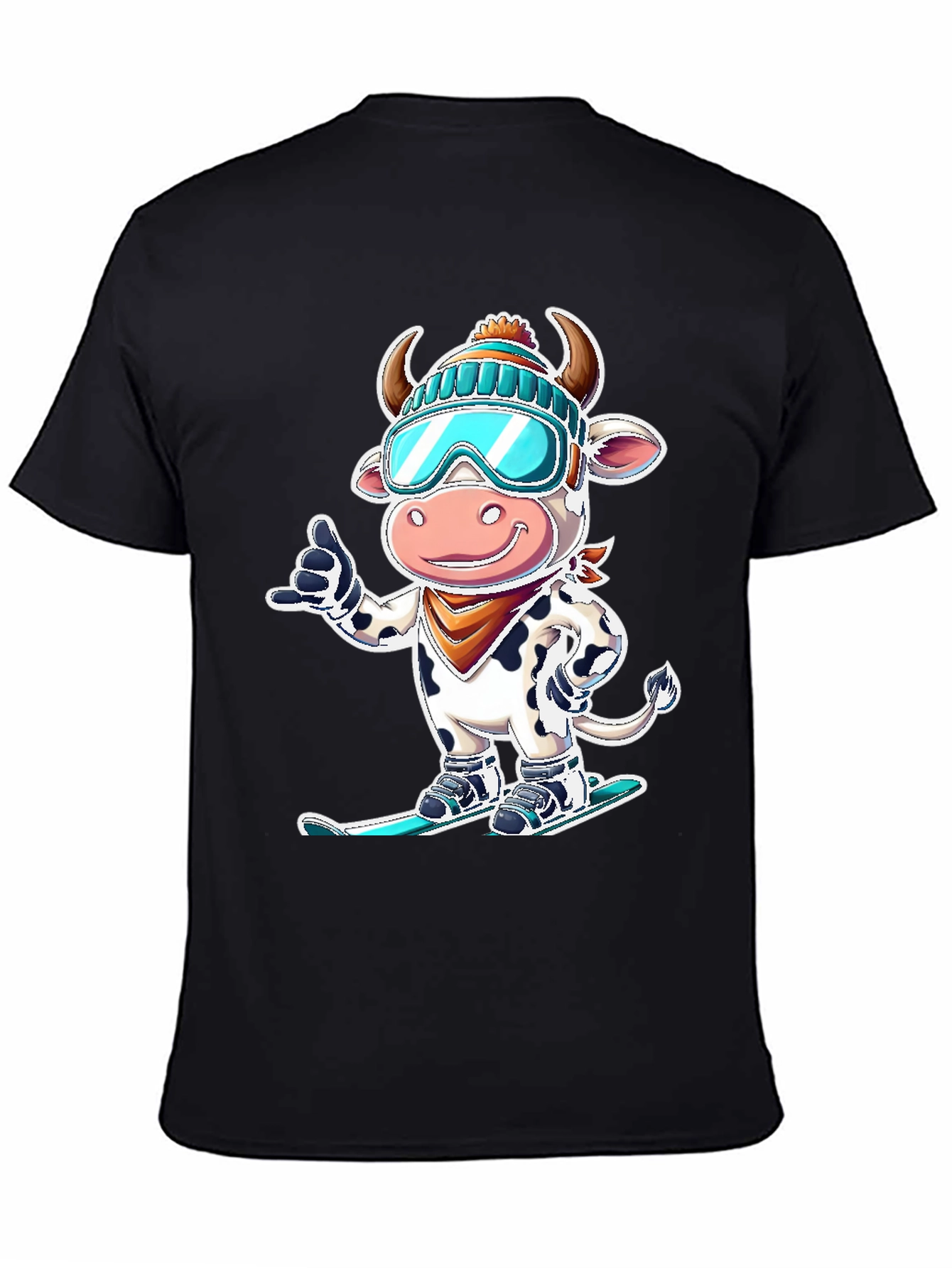 Black Skiing Cow Graphic Tee - Fun Winter T-Shirt view 4