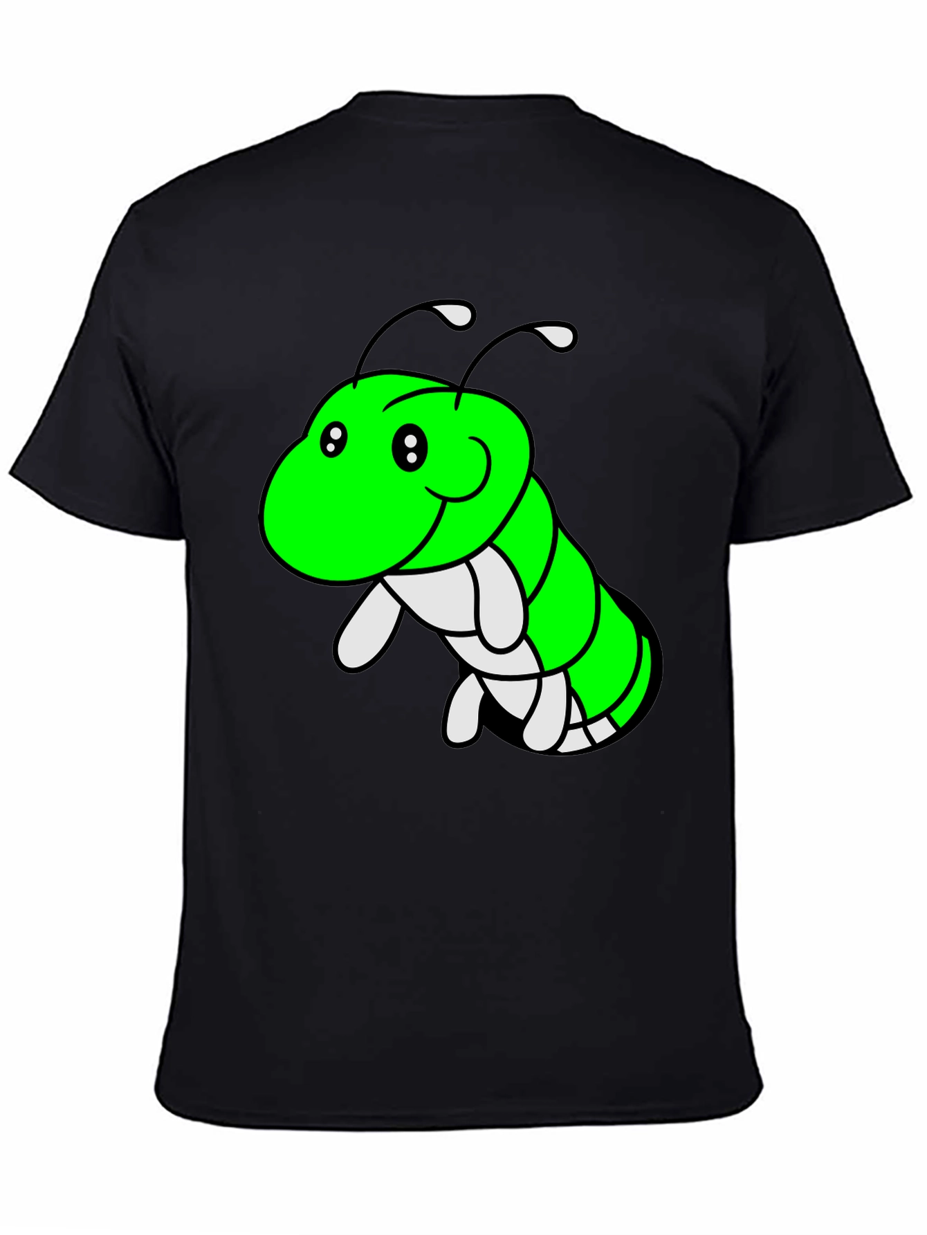 Black Cartoon Caterpillar Graphic Tee - Black Cotton T-Shirt view 4