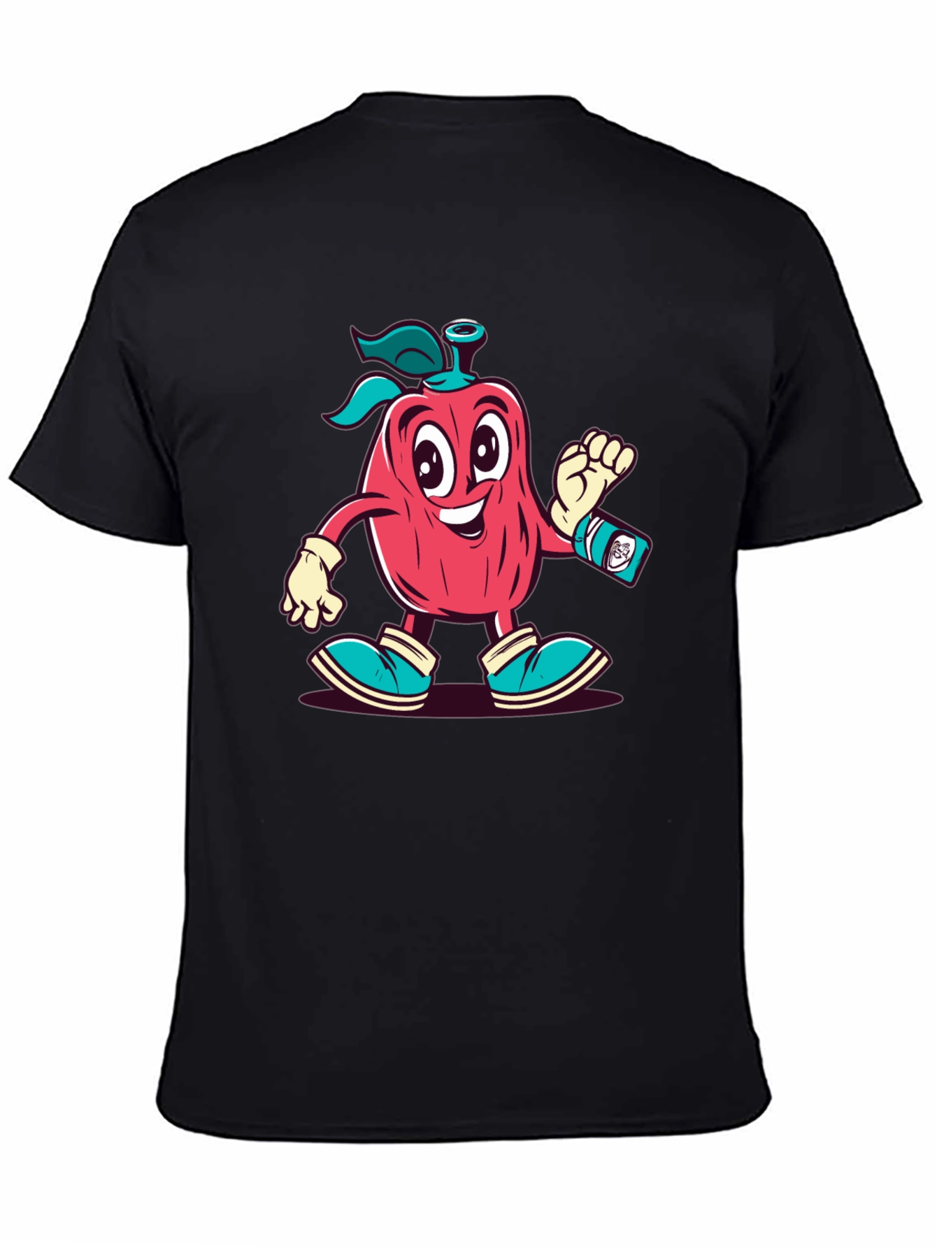 Black Cartoon Apple Character Black T-Shirt view 4