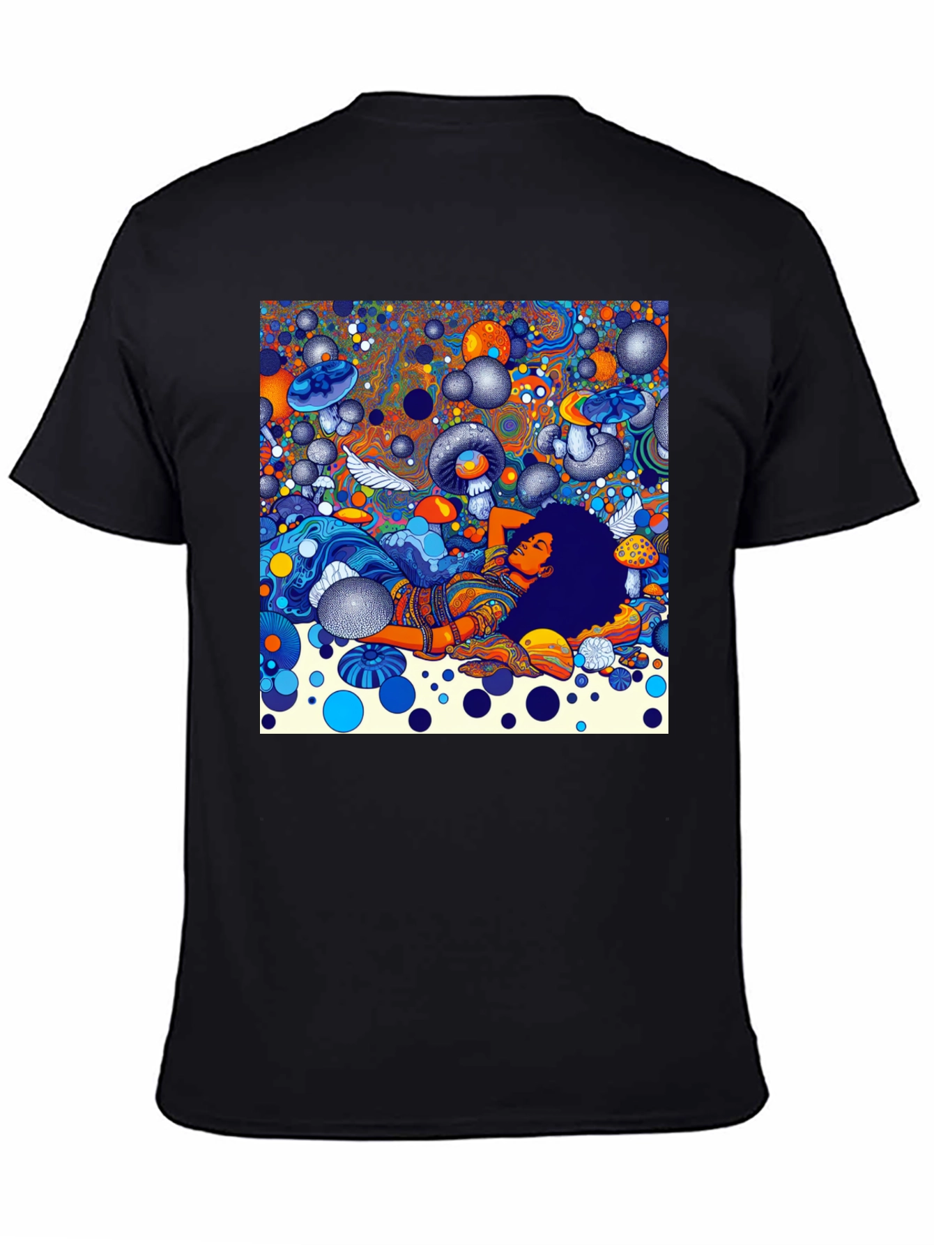 Black Psychedelic Dream T-Shirt - Colorful Mushroom Scene view 4