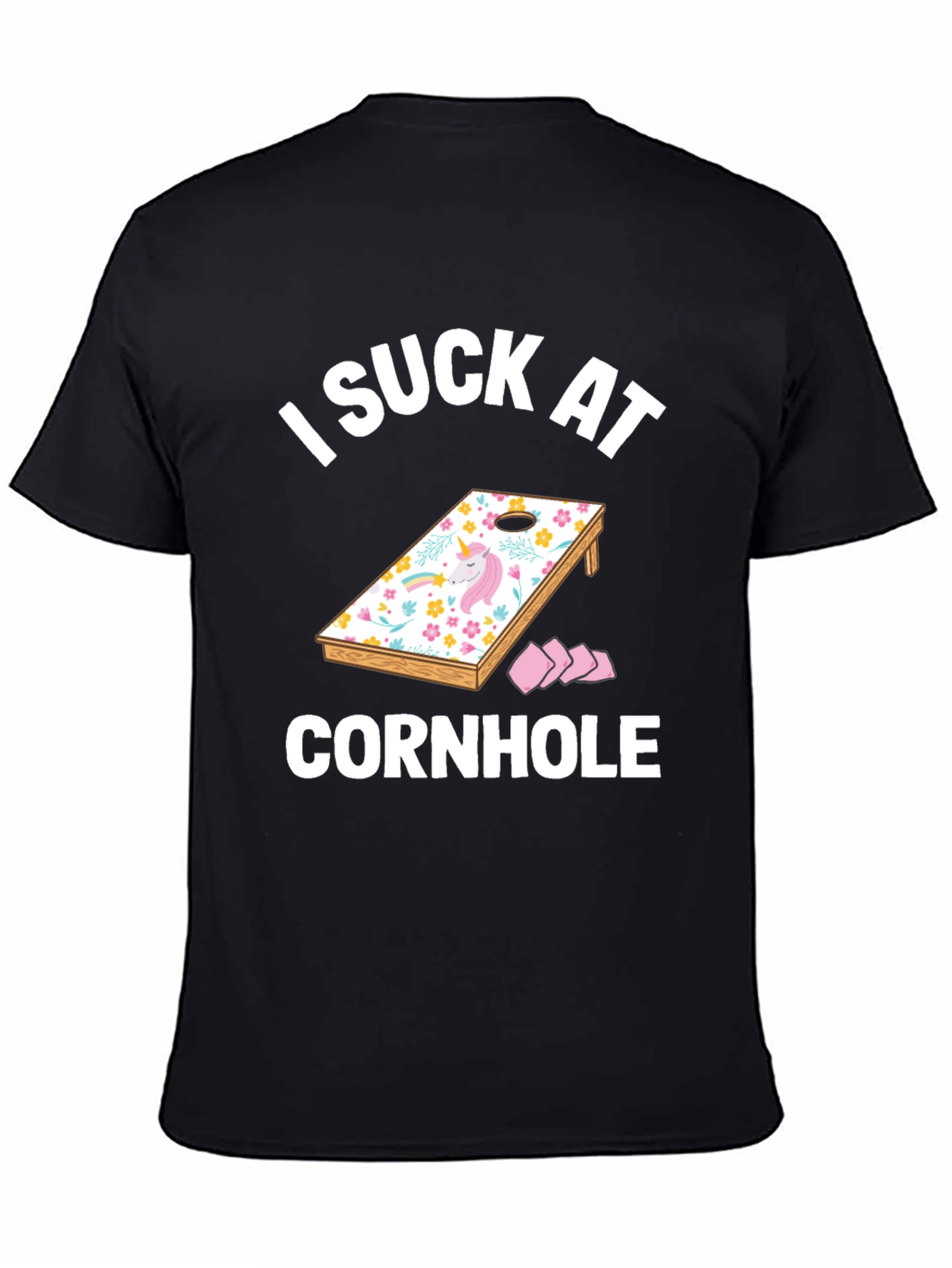 Black I Suck at Cornhole T-Shirt - Unicorn Design view 4