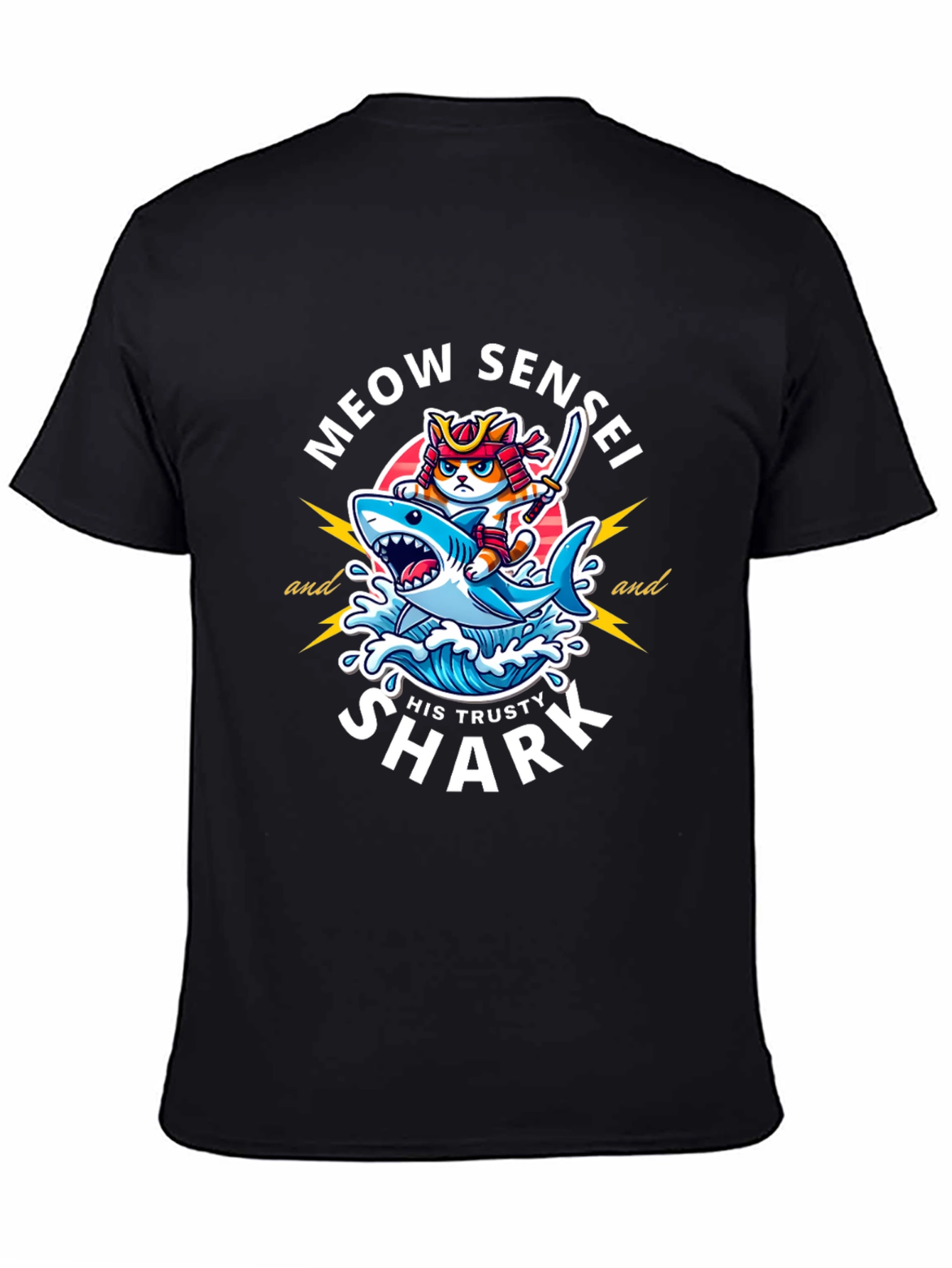 Black Meow Sensei & Shark T-Shirt - Fun Graphic Tee view 4