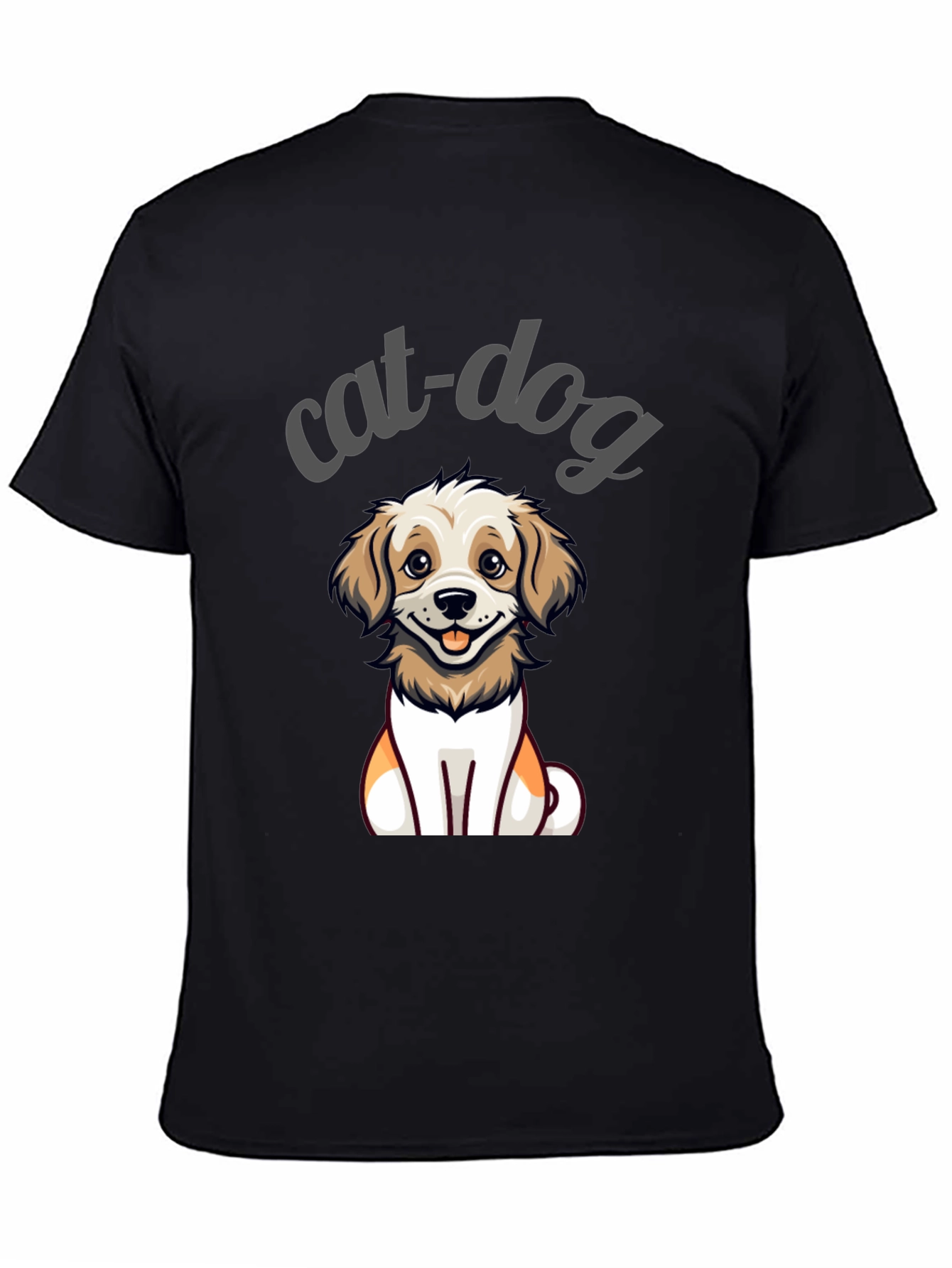 Black Cute Cat-Dog Cartoon Graphic Tee - Unisex Black T-Shirt view 4