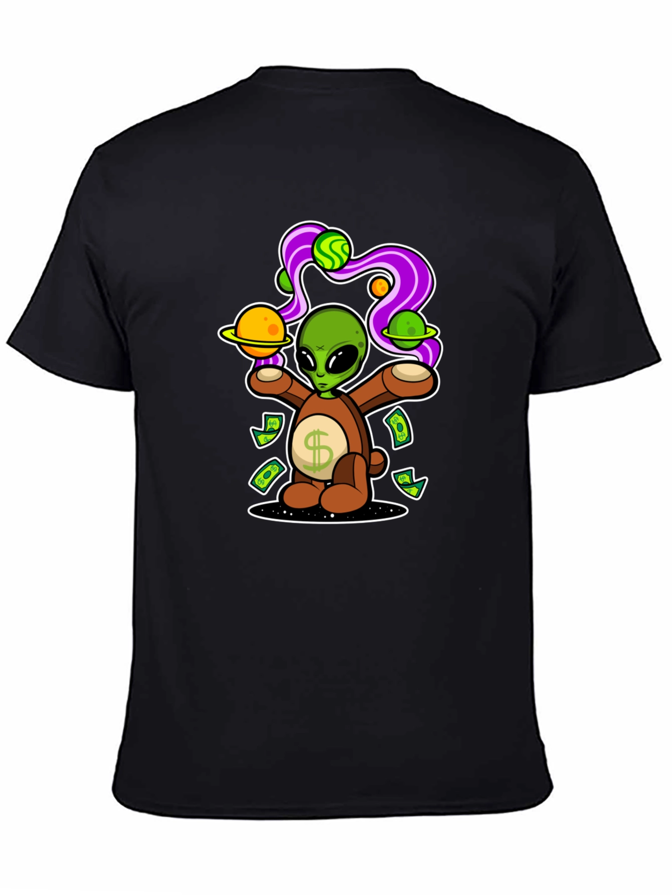 Black Alien Bear Money Graphic T-Shirt view 4