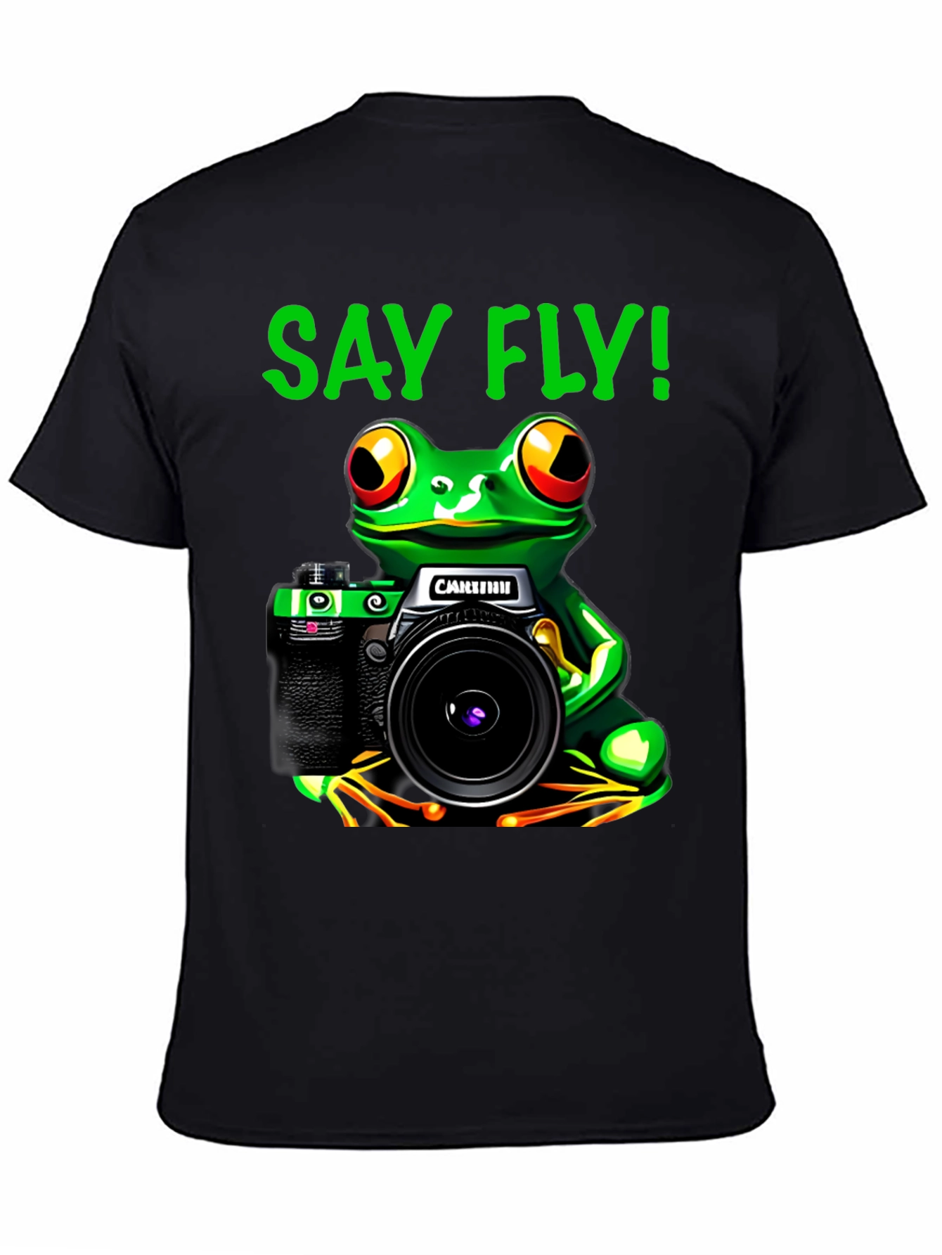 Black Frog Photographer T-Shirt - Say Fly! Black Cotton Tee view 4
