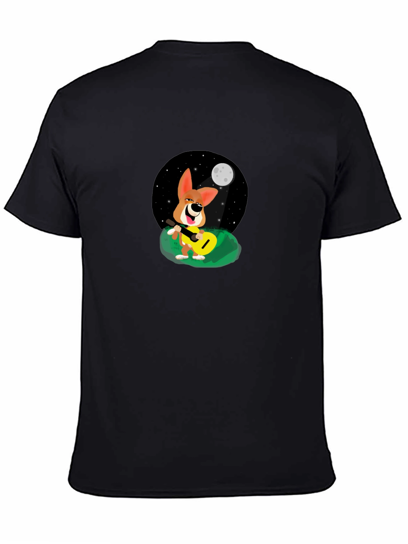 Black Dog Playing Guitar Under Moonlight T-Shirt view 4