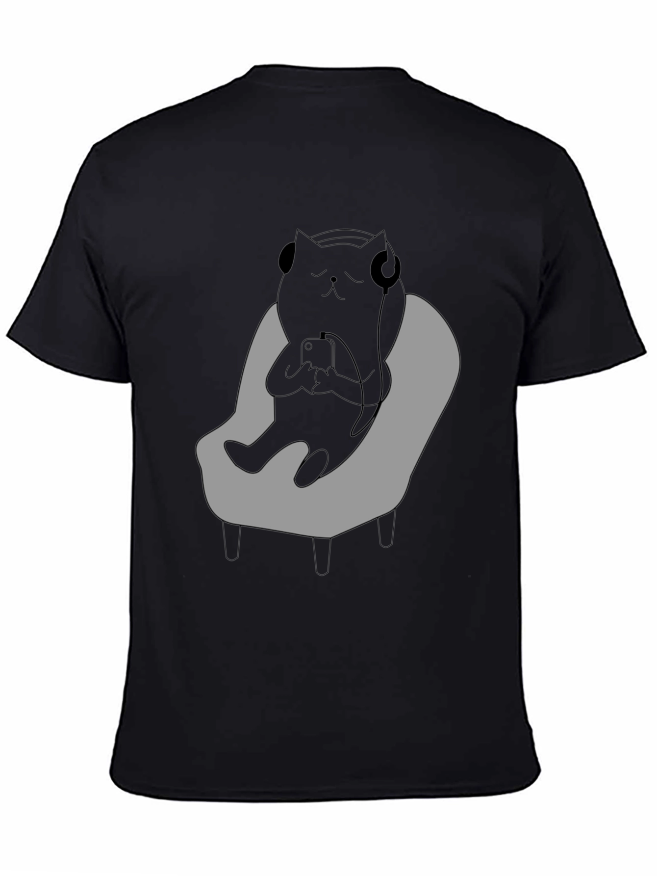 Black Chill Cat T-Shirt - Relaxed Black Cat with Headphones view 4