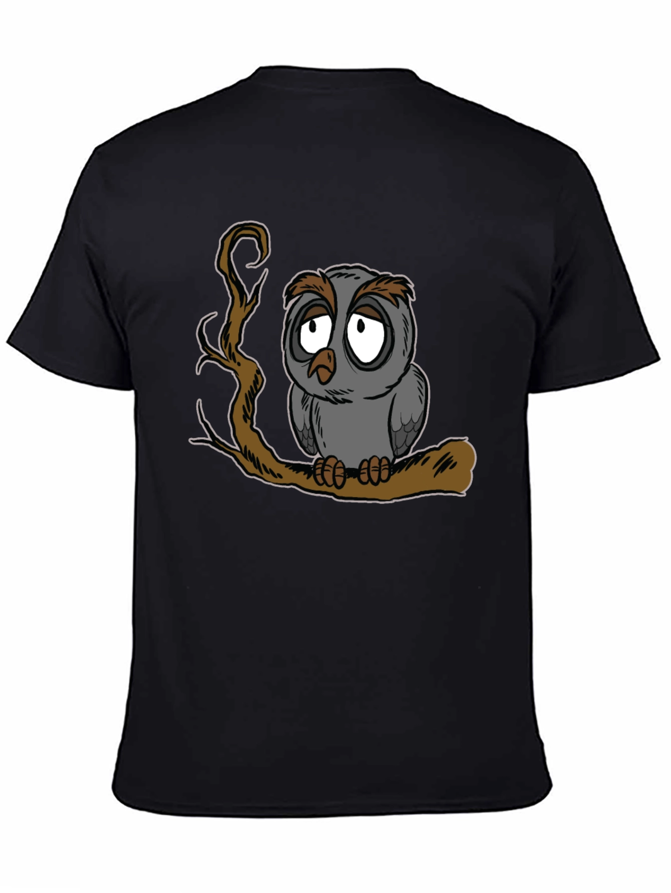 Sad Owl Graphic Print Black T-Shirt - 4