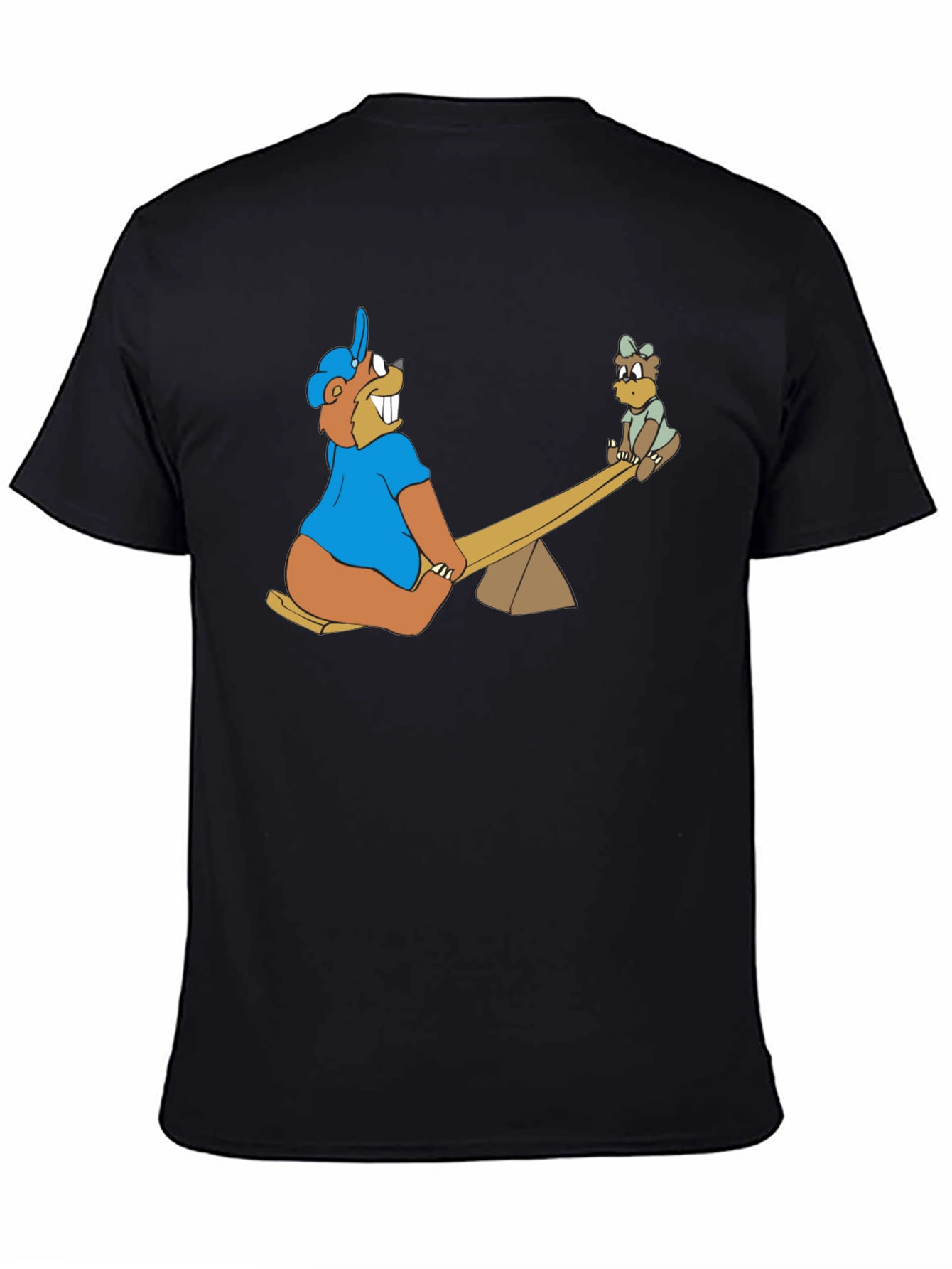 Black Cartoon Beaver See-Saw Black T-Shirt view 4