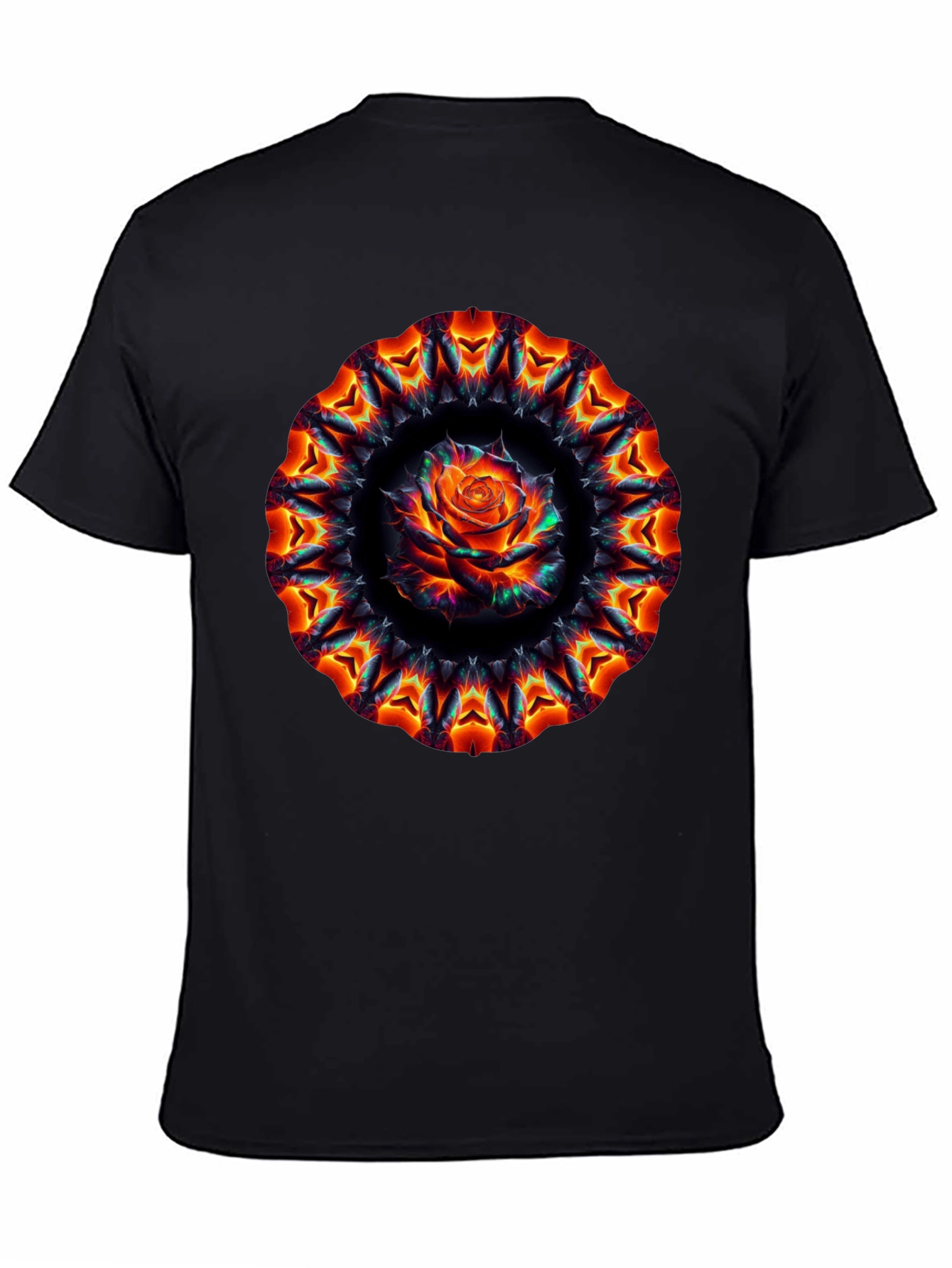 Black Fiery Rose Mandala Black T-Shirt view 4