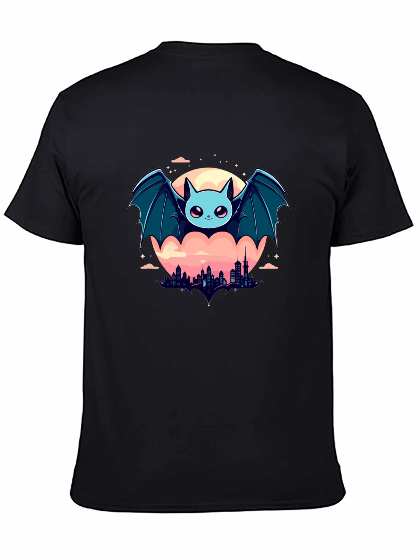 Black Cute Bat Over City Graphic Tee view 4