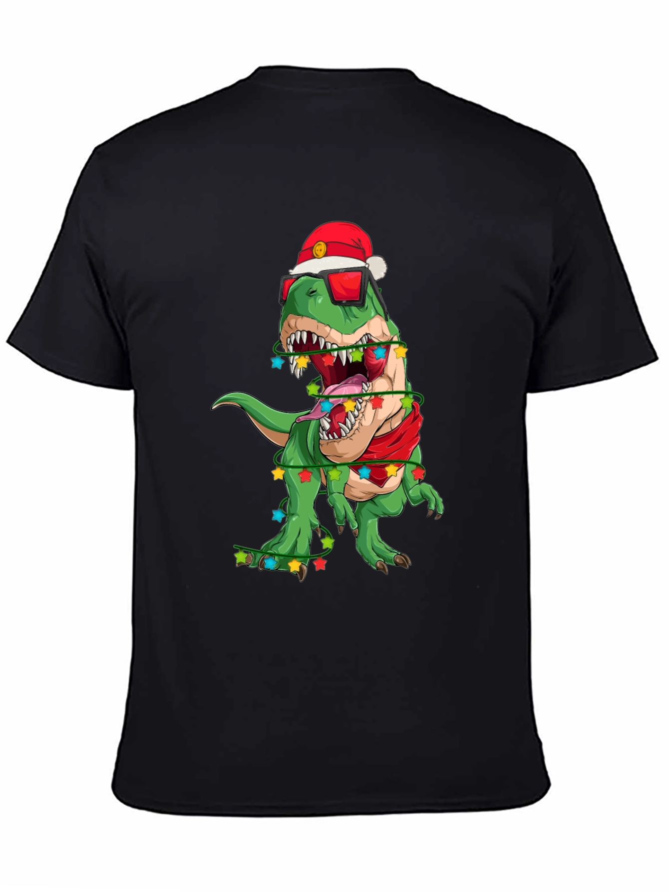 Black Festive Dinosaur T-Shirt: Holiday T-Rex in Santa Hat view 4