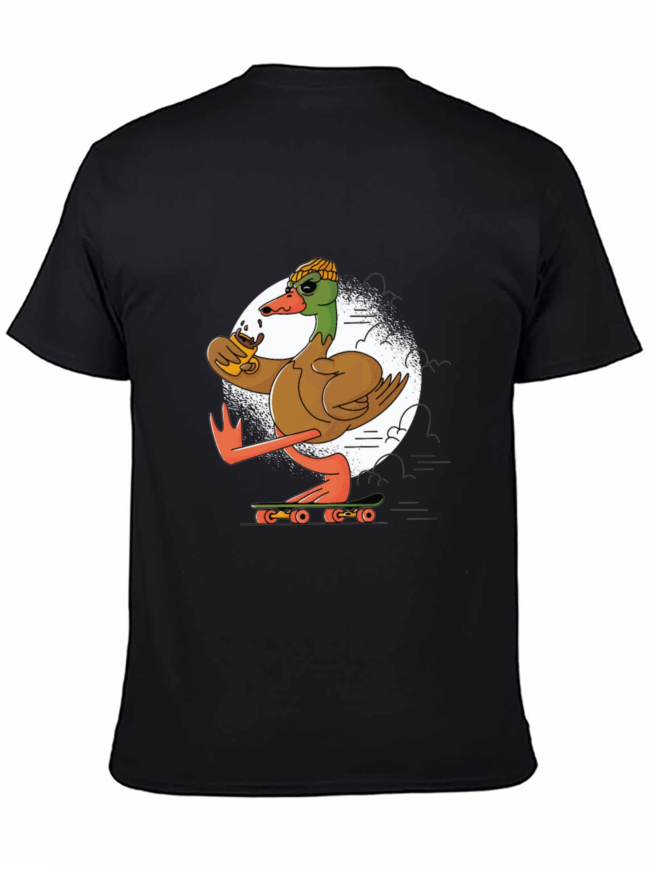 Black Skateboarding Duck T-Shirt: Cool Coffee Drinking Bird view 4