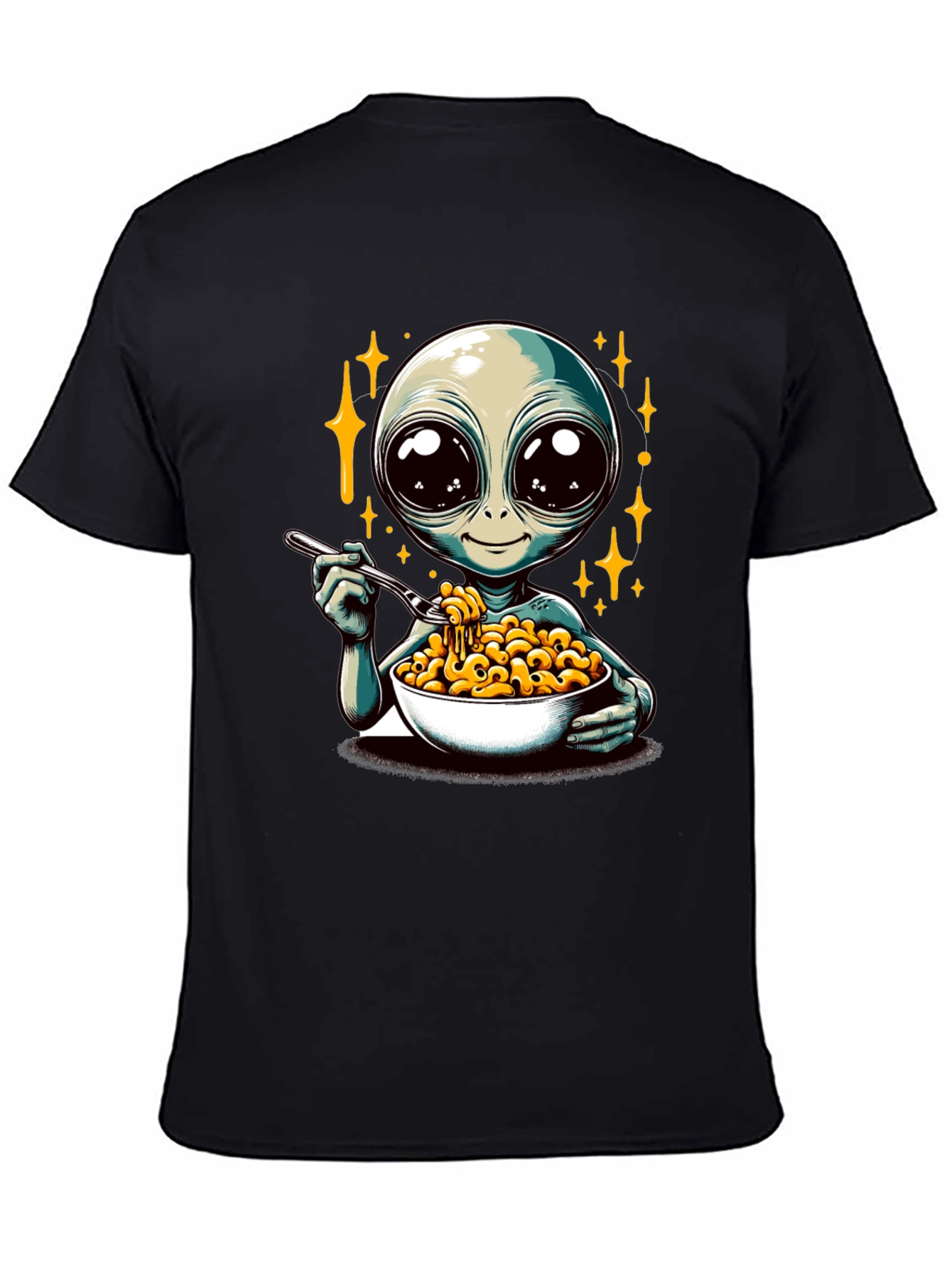 Black Alien Eating Mac & Cheese Graphic T-Shirt view 4