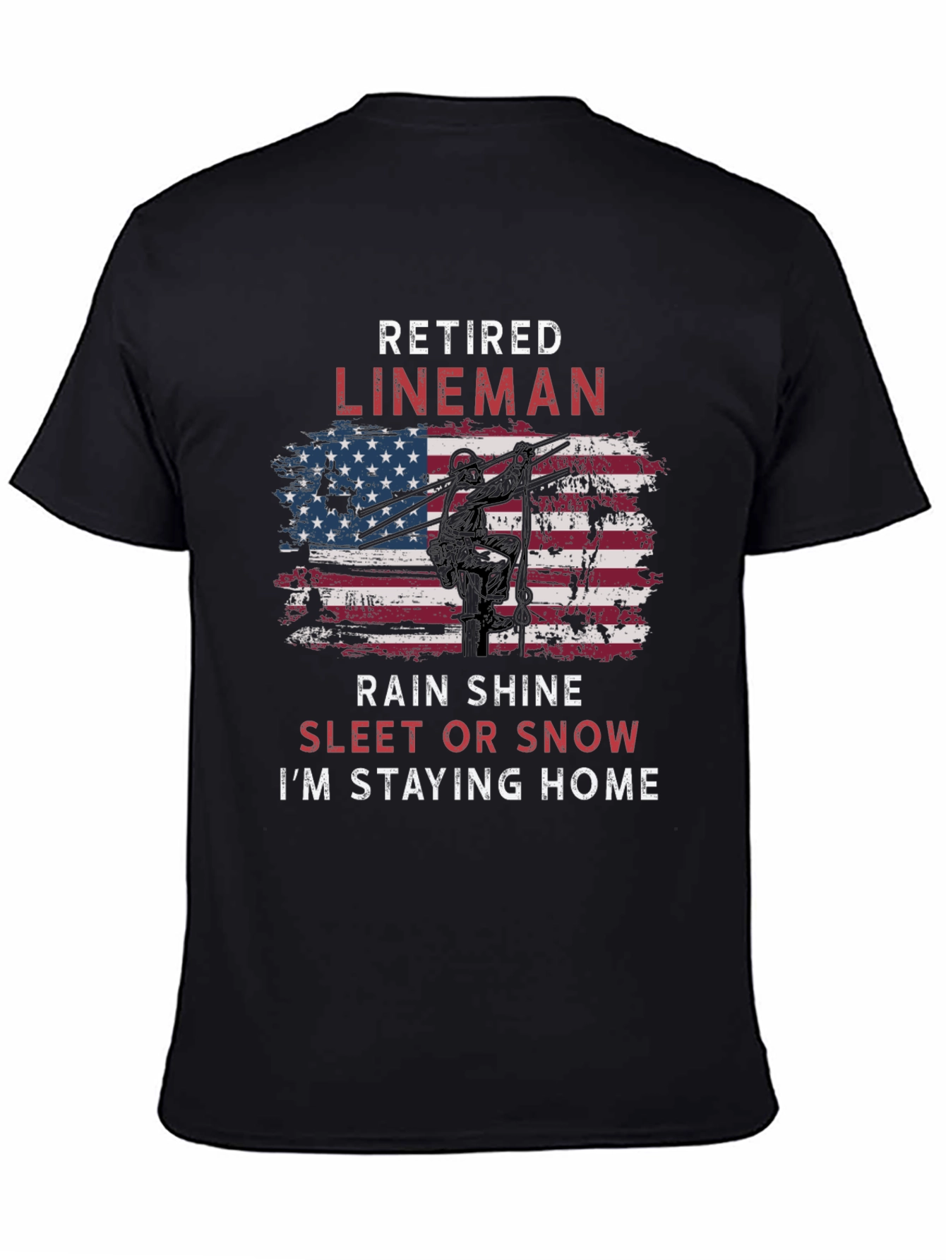 Black Retired Lineman T-Shirt - American Flag Design view 4