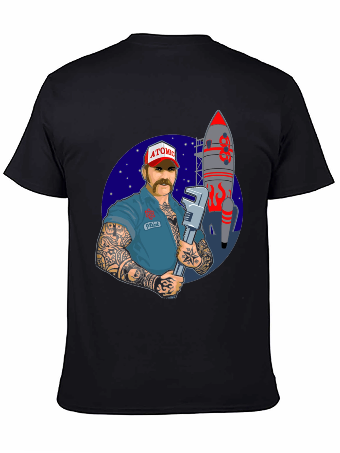 Black Atomic Mechanic Rocket T-Shirt view 4