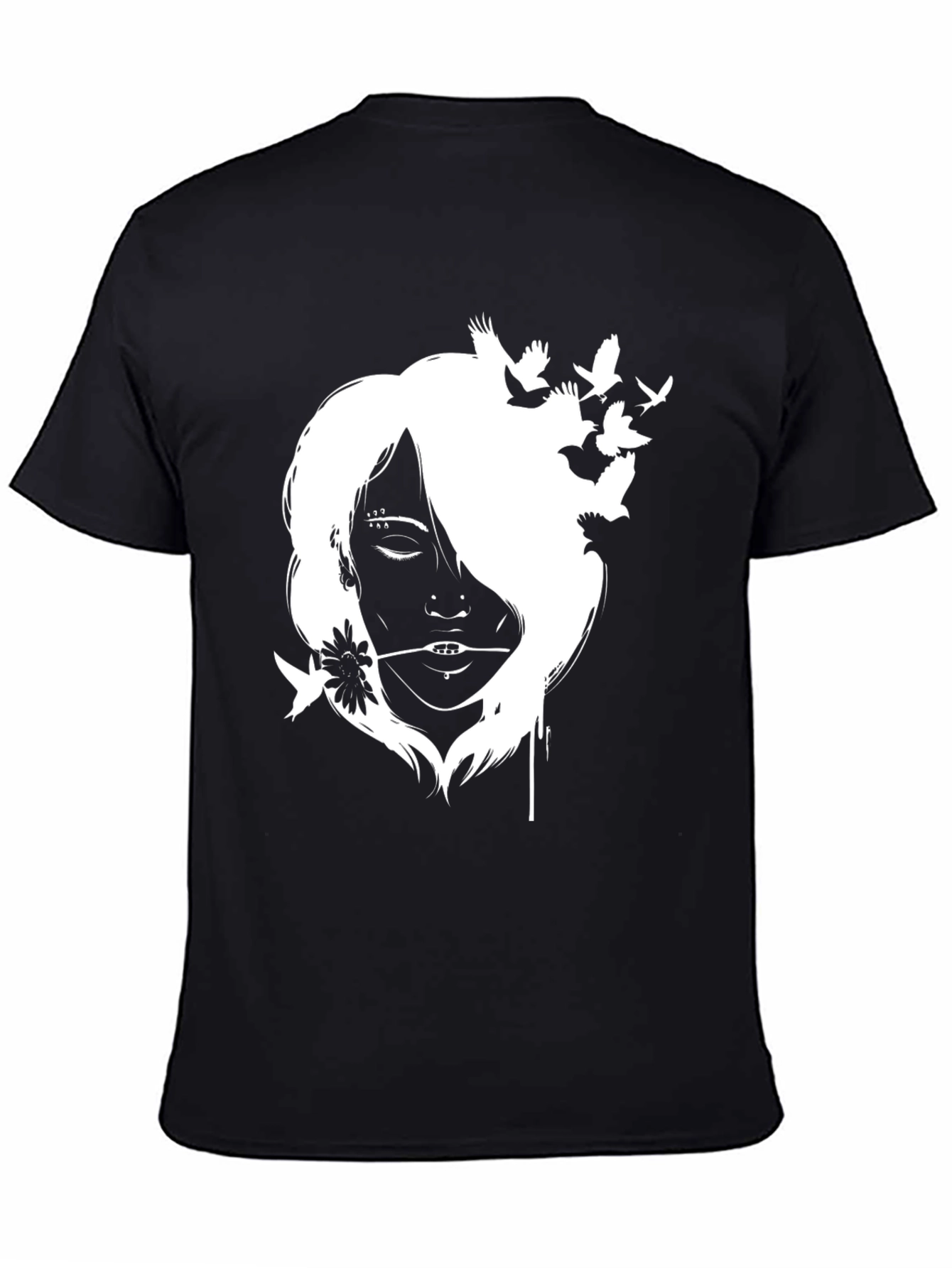 Black Black T-Shirt with White Girl and Bird Design view 4