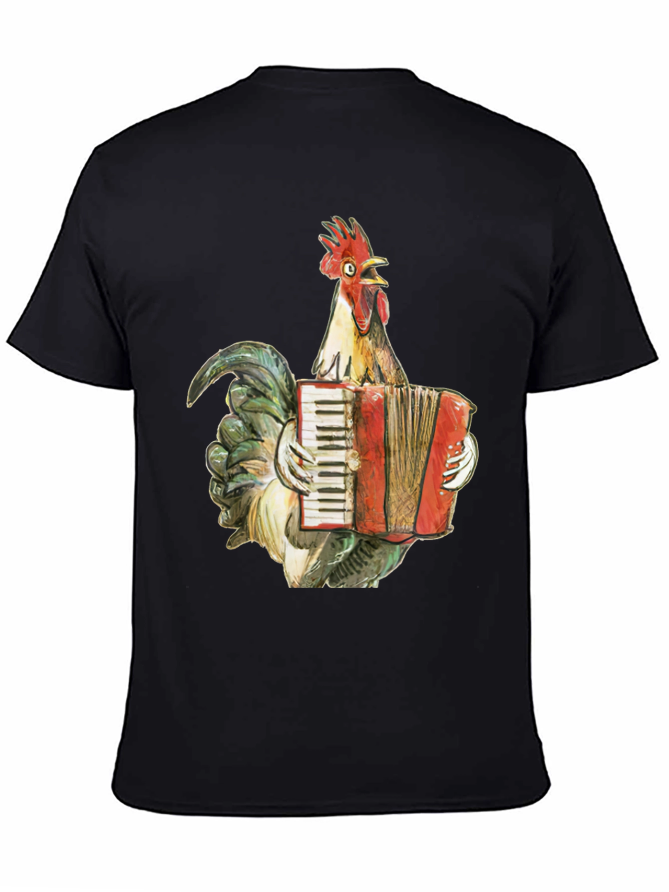 Black Funny Rooster Accordion T-Shirt - Novelty Tee view 4
