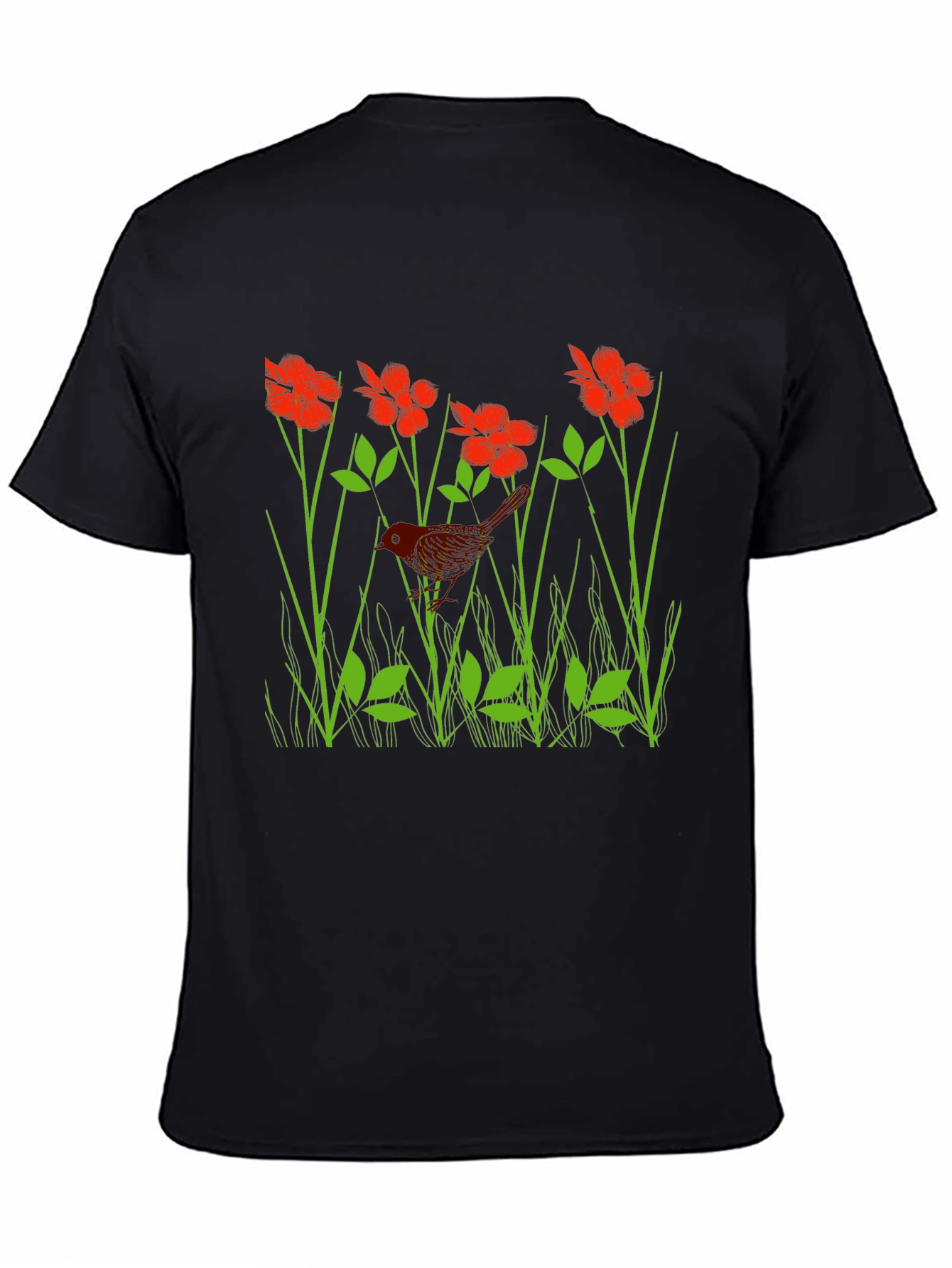 Black Bird in Flower Meadow Graphic Black T-Shirt view 4