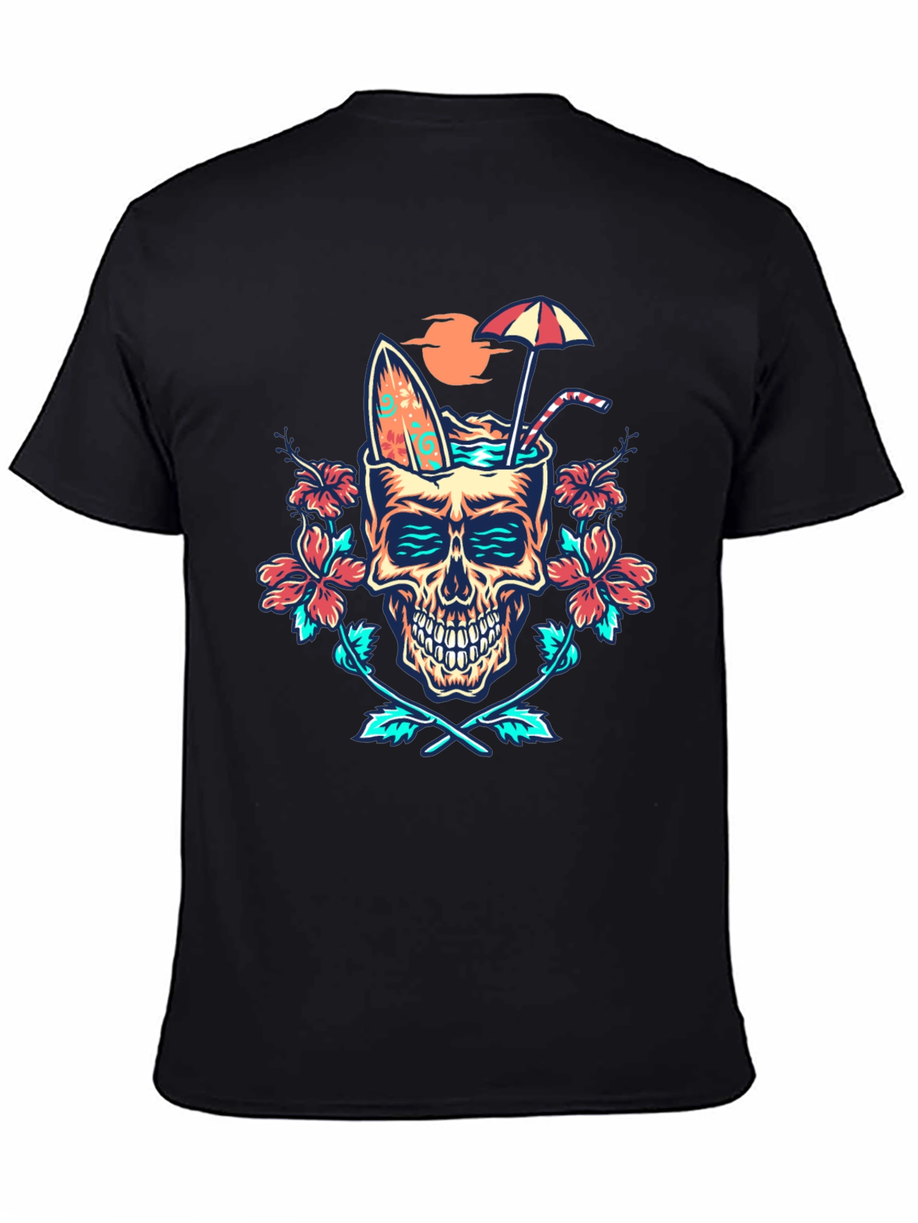 Black Tropical Skull Graphic T-Shirt - Beach Vibes! view 4