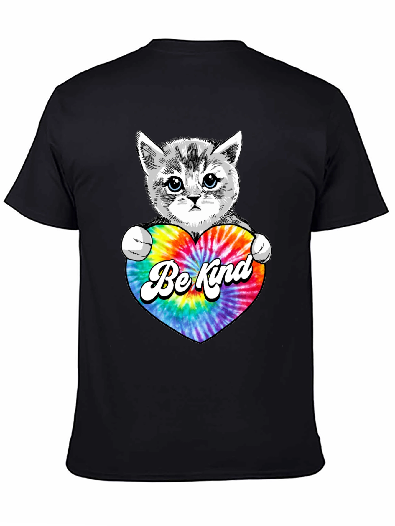 Black Cute Kitten 'Be Kind' Tie-Dye Heart T-Shirt view 4