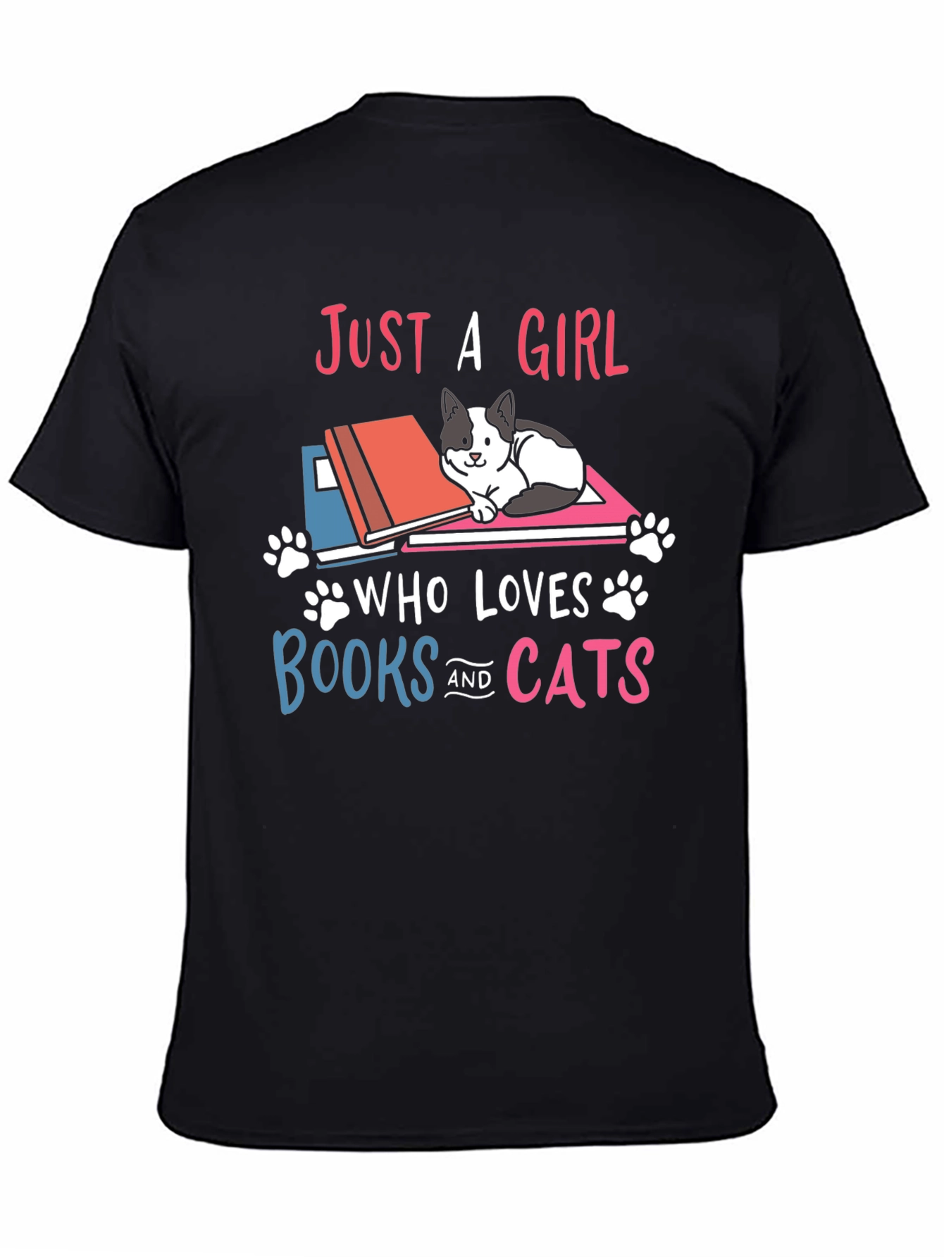 Black Just A Girl Who Loves Books and Cats T-Shirt view 4