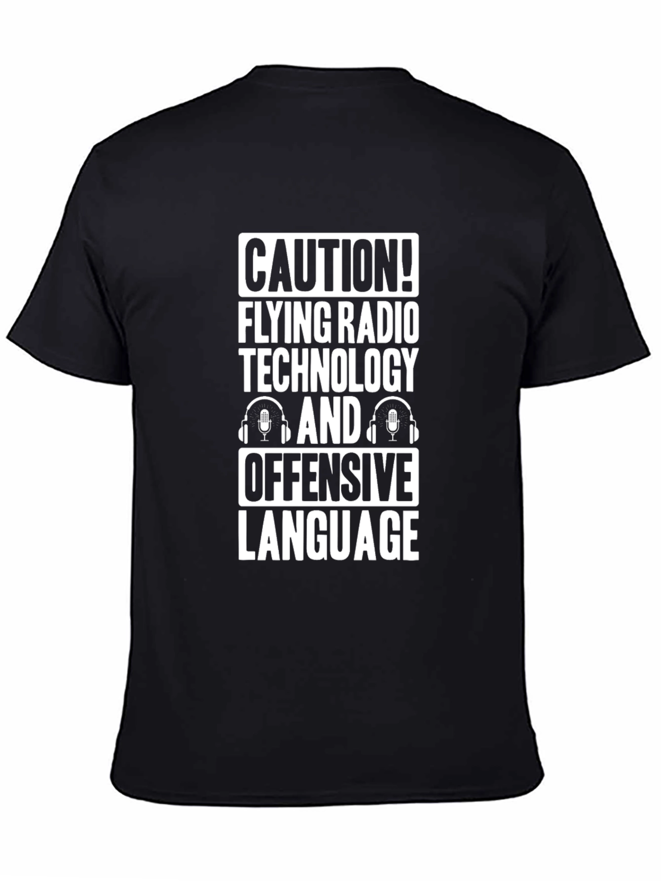 Black Caution! Flying Radio Technology Funny Black T-Shirt view 4