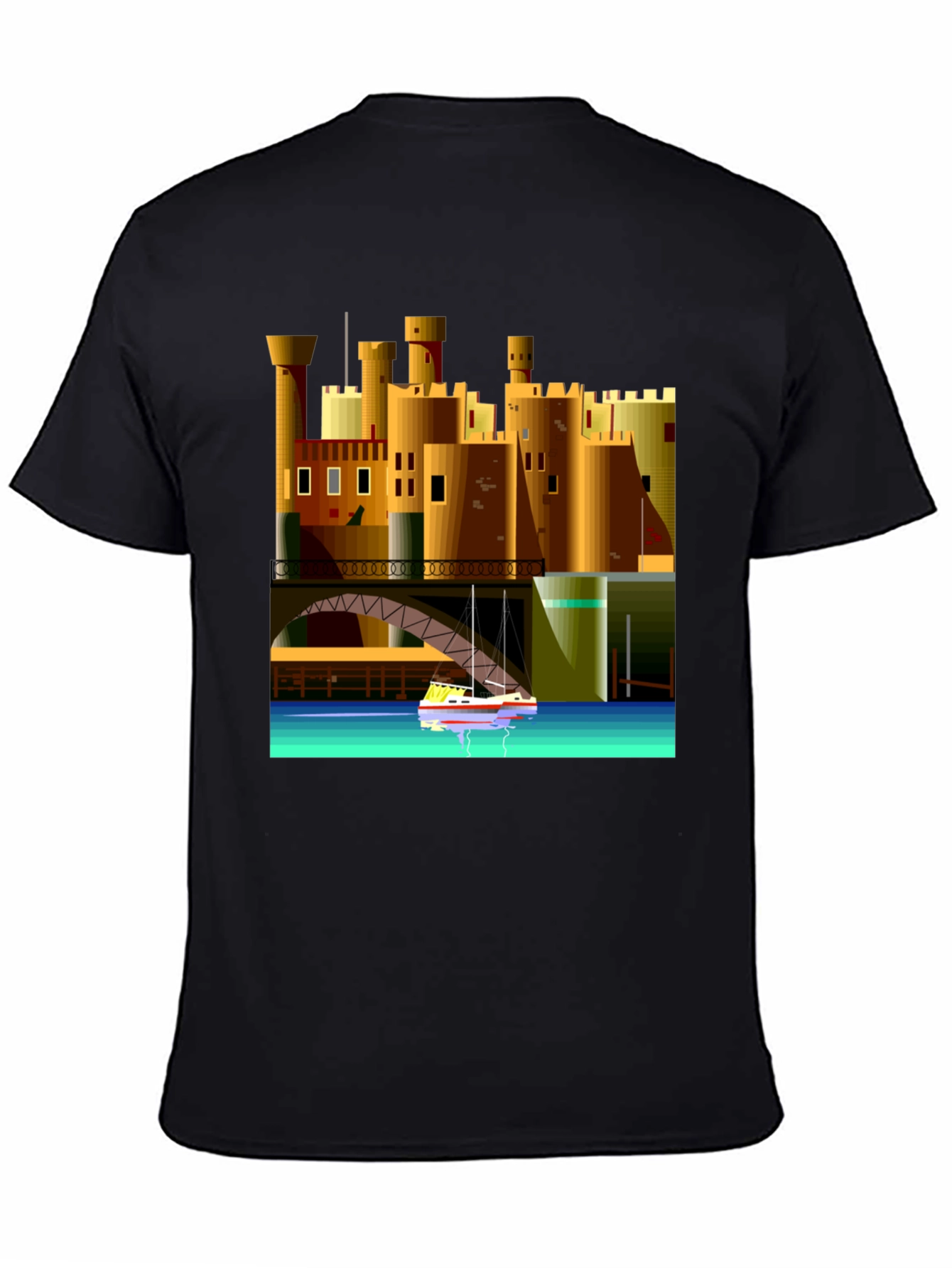 Black Cityscape Boat T-Shirt - Unique Graphic Tee view 4