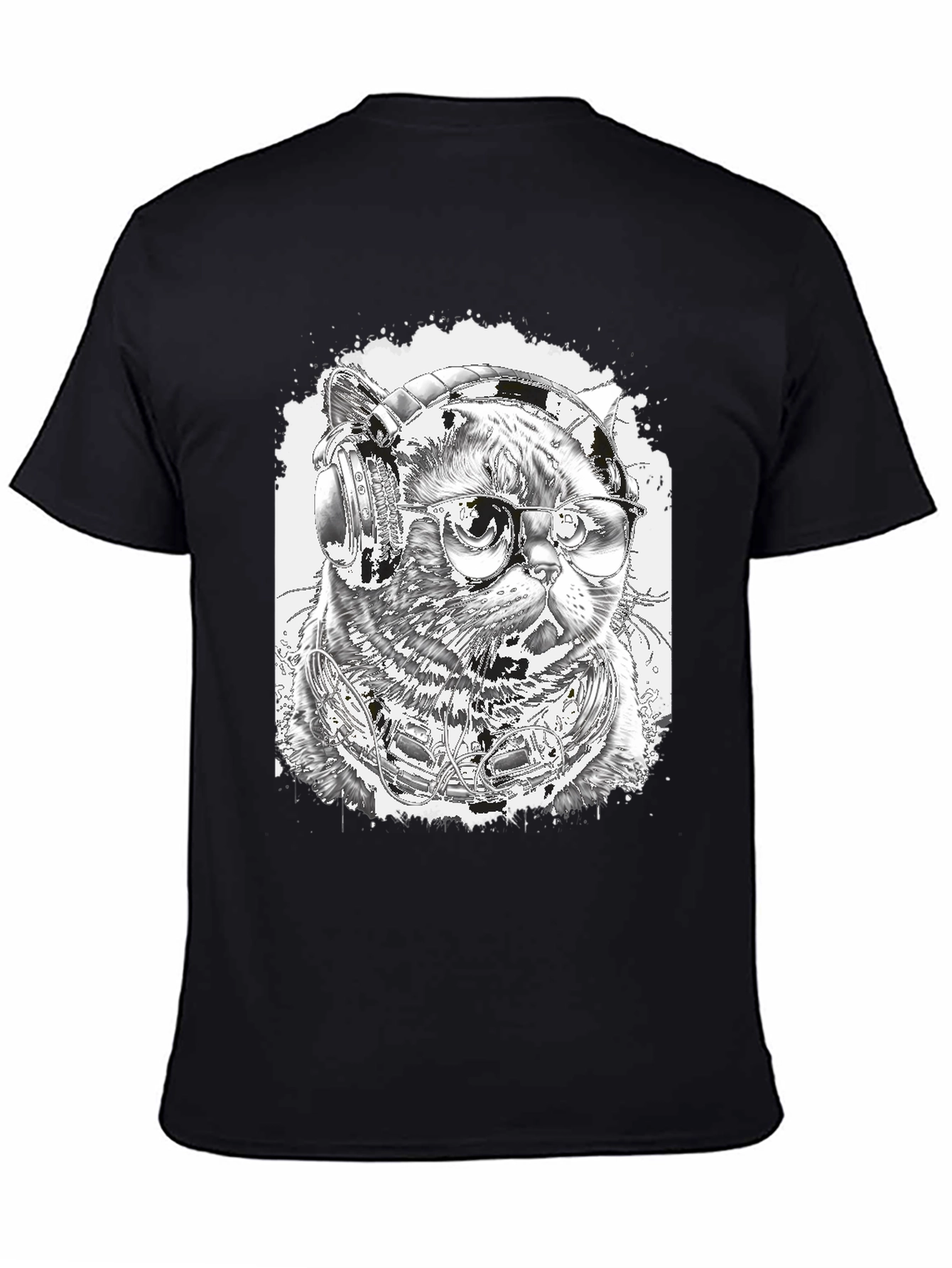 Black Cool Cat T-Shirt - Headphones & Glasses view 4