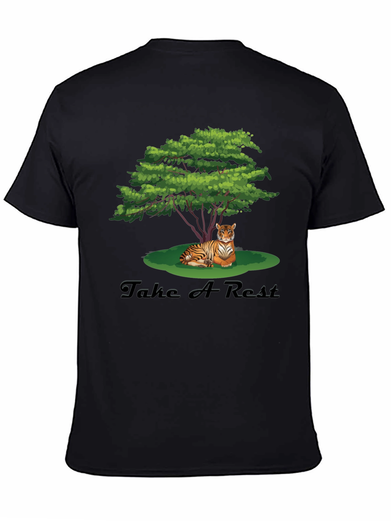 Black Men's Black Tiger Resting Under Tree Graphic Tee view 4