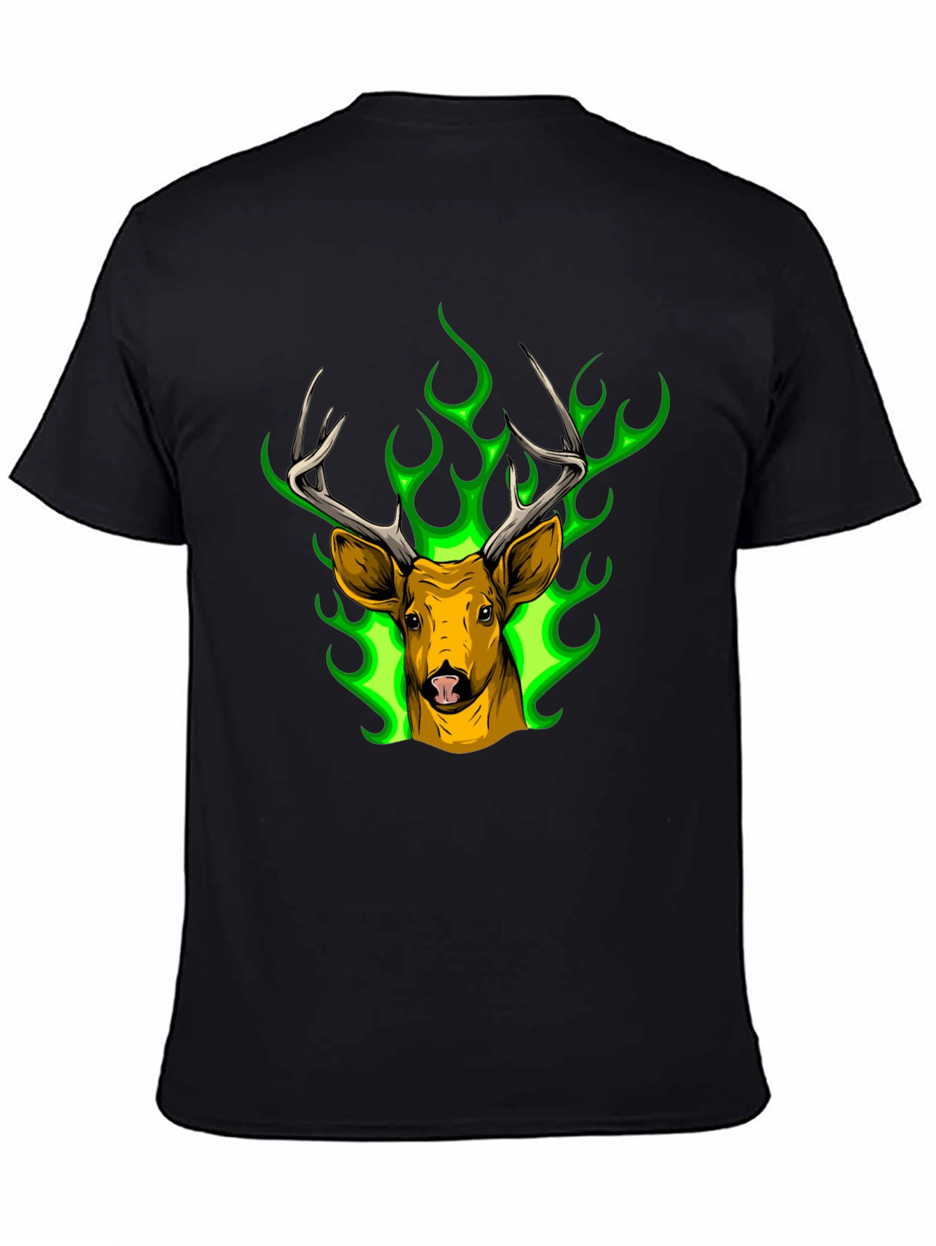 Black Deer Head Graphic Tee - Green Flame Stag Design view 4