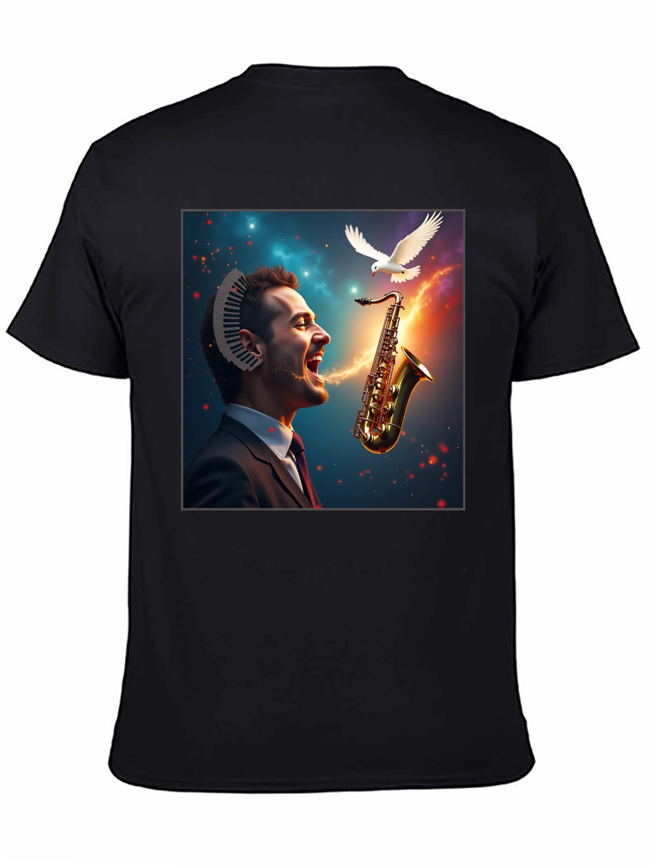 Black Musical Mind T-Shirt - Artistic Saxophone Design view 4