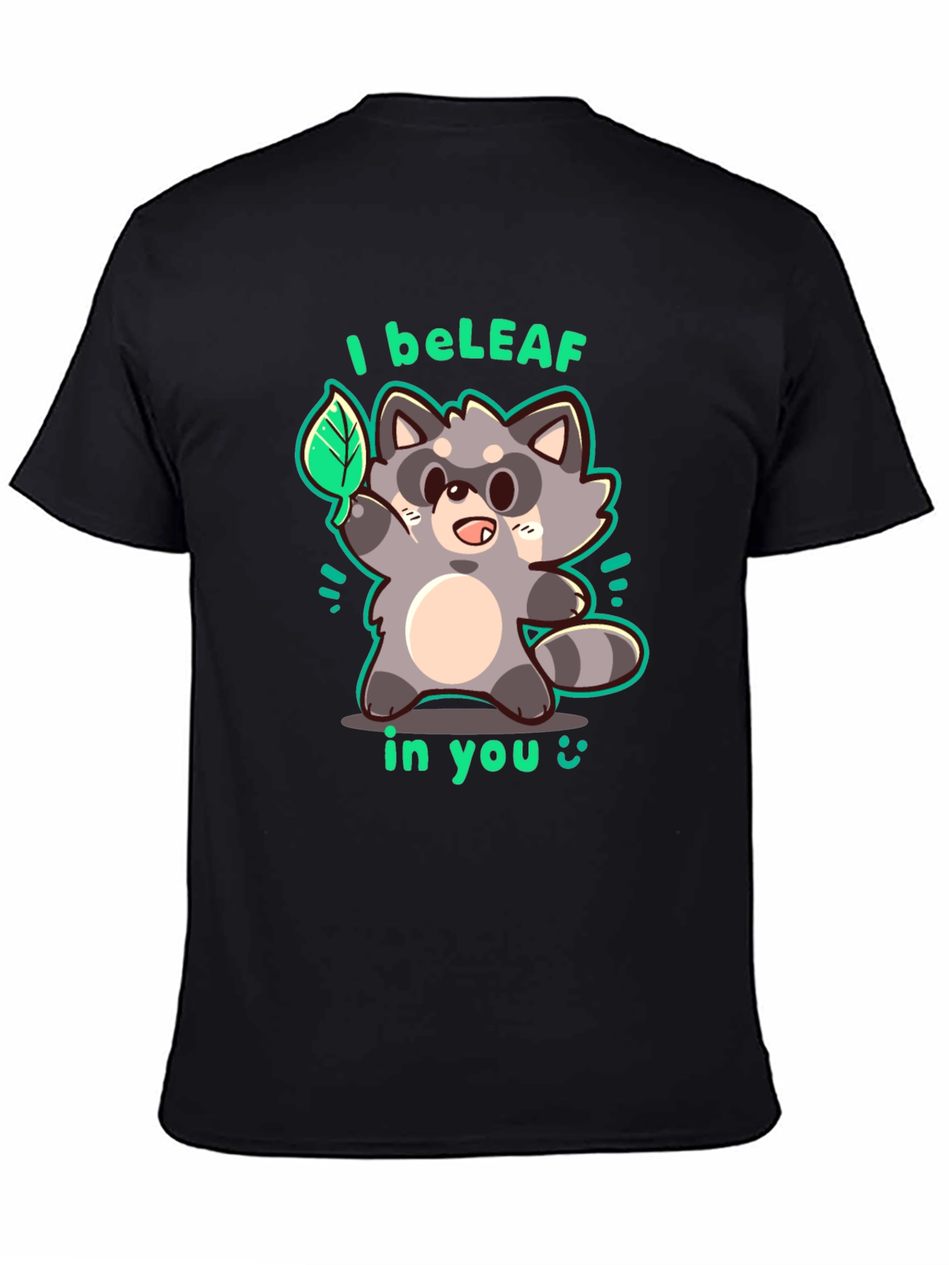 Black I beLEAF in You Raccoon Graphic T-Shirt view 4