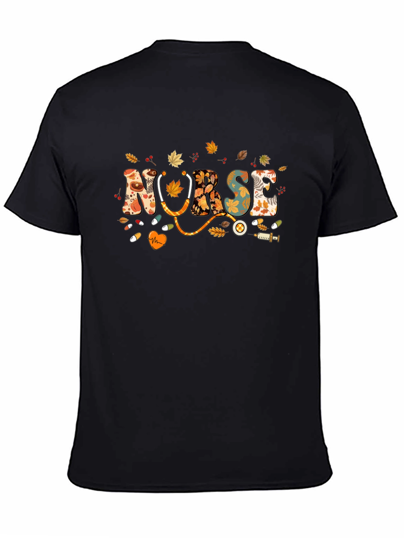 Black Fall Nurse T-Shirt - Autumn Leaves Design view 4