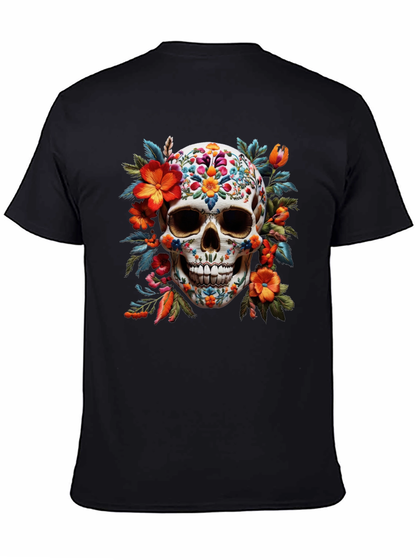 Black Floral Skull Graphic Tee - Day of the Dead view 4